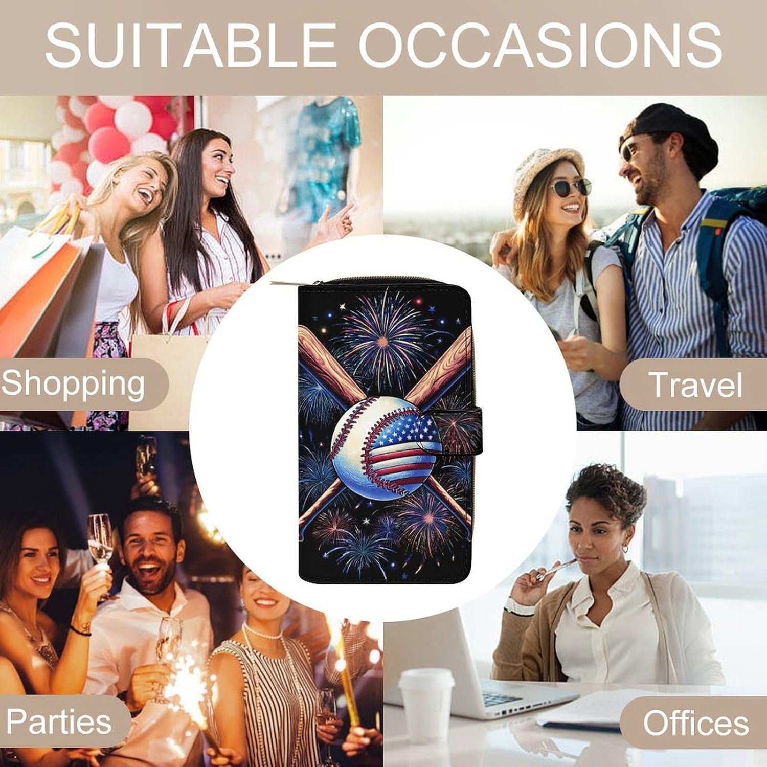 U.S.A. Baseball Bat Fireworks Women's Long Wallets Leather Purse Fold Clutch Credit Card Holder