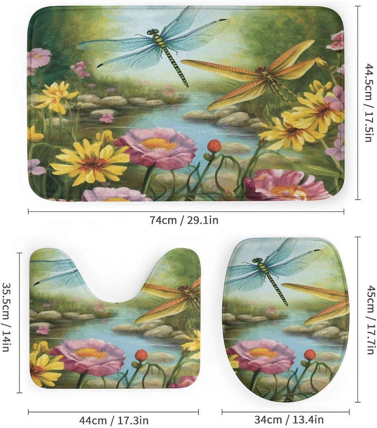 Dragonfly Garden Spring 4Pcs Shower Curtain Set with Non-Slip Rugs, Toilet Lid Cover and Bath Mat,Bathroom Set Decor Accessories,Curtain Set with 12 Hooks, 72 X 72 Inch
