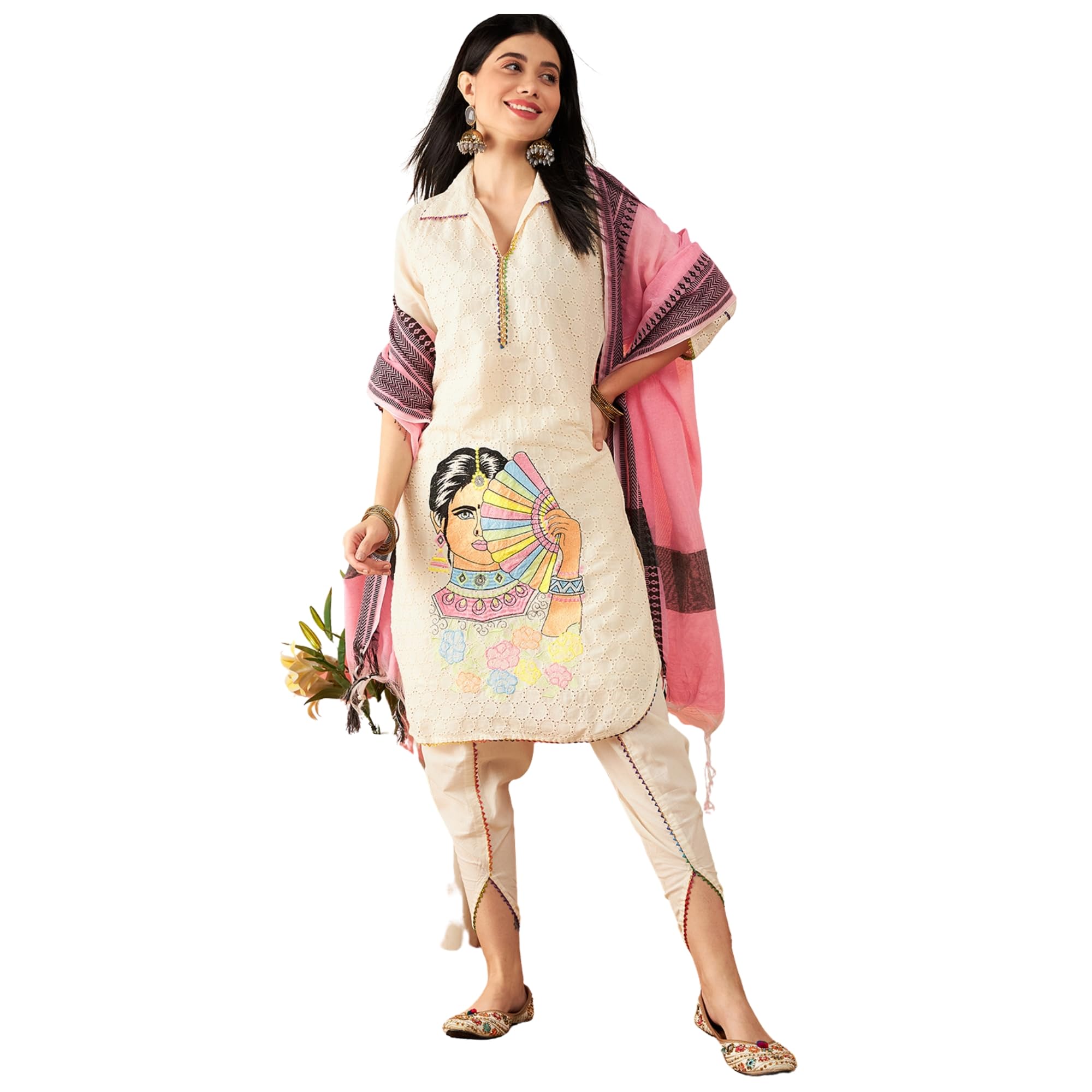 Ethnic Motifs Self Design Thread Work Pure Cotton Pathani Kurta Sets-image-42
