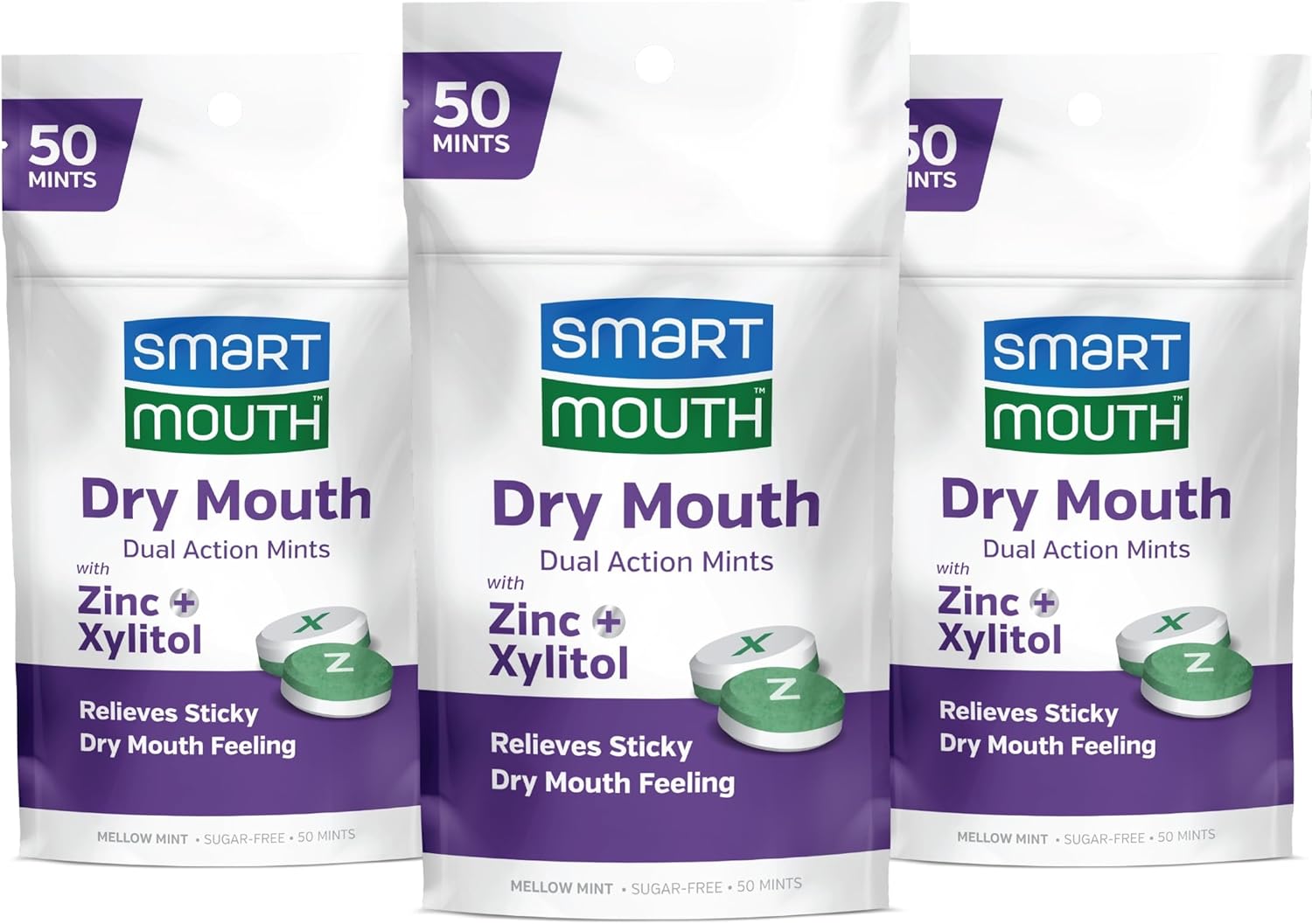 SmartMouth Dry Mouth DualAction Relief Mints, Breath Freshener, SugarFree Mint, 50 Ct, 3 Pack