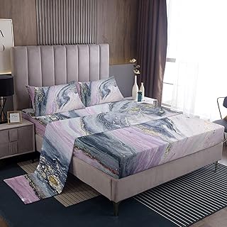 Erosebridal Marble Fitted Sheet Purple Gold Sheet Set Marble Texture Abstract Art Marble Bedding Set Full Size for Boys Girls Adults, Purple Gray Gold 1 Fitted Sheet,1 Flat Sheet,2 Pillowcases