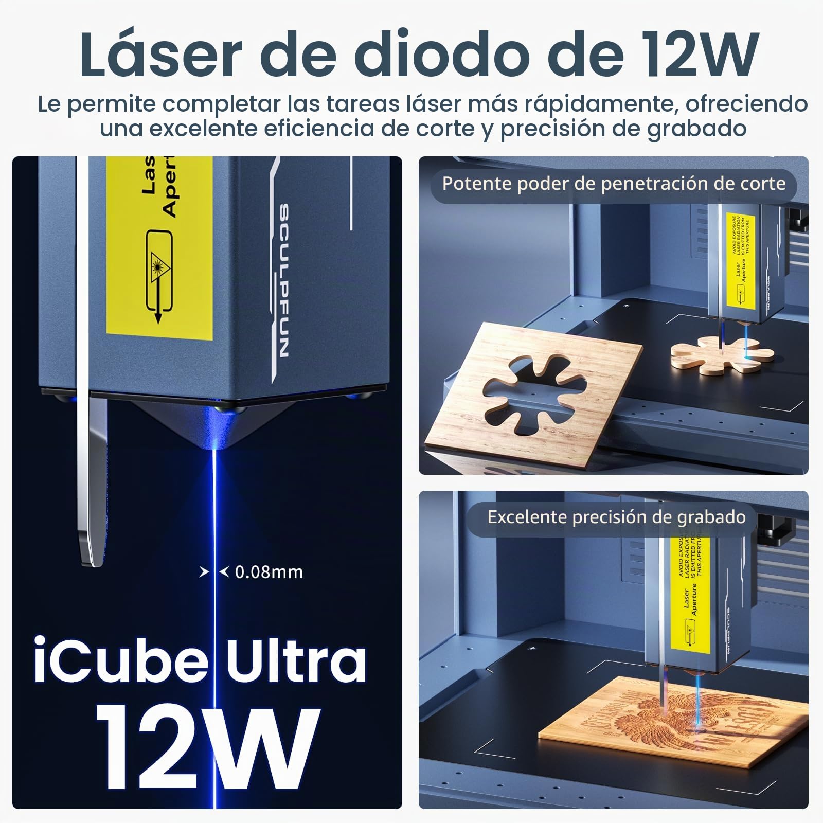SCULPFUN iCube Ultra 12 W Grabado láser, cortadora y grabadora láser portátil con filtro de humo, totalmente cerrada, enfoque automático, Grabador Laser para bricolaje madera metal cuero