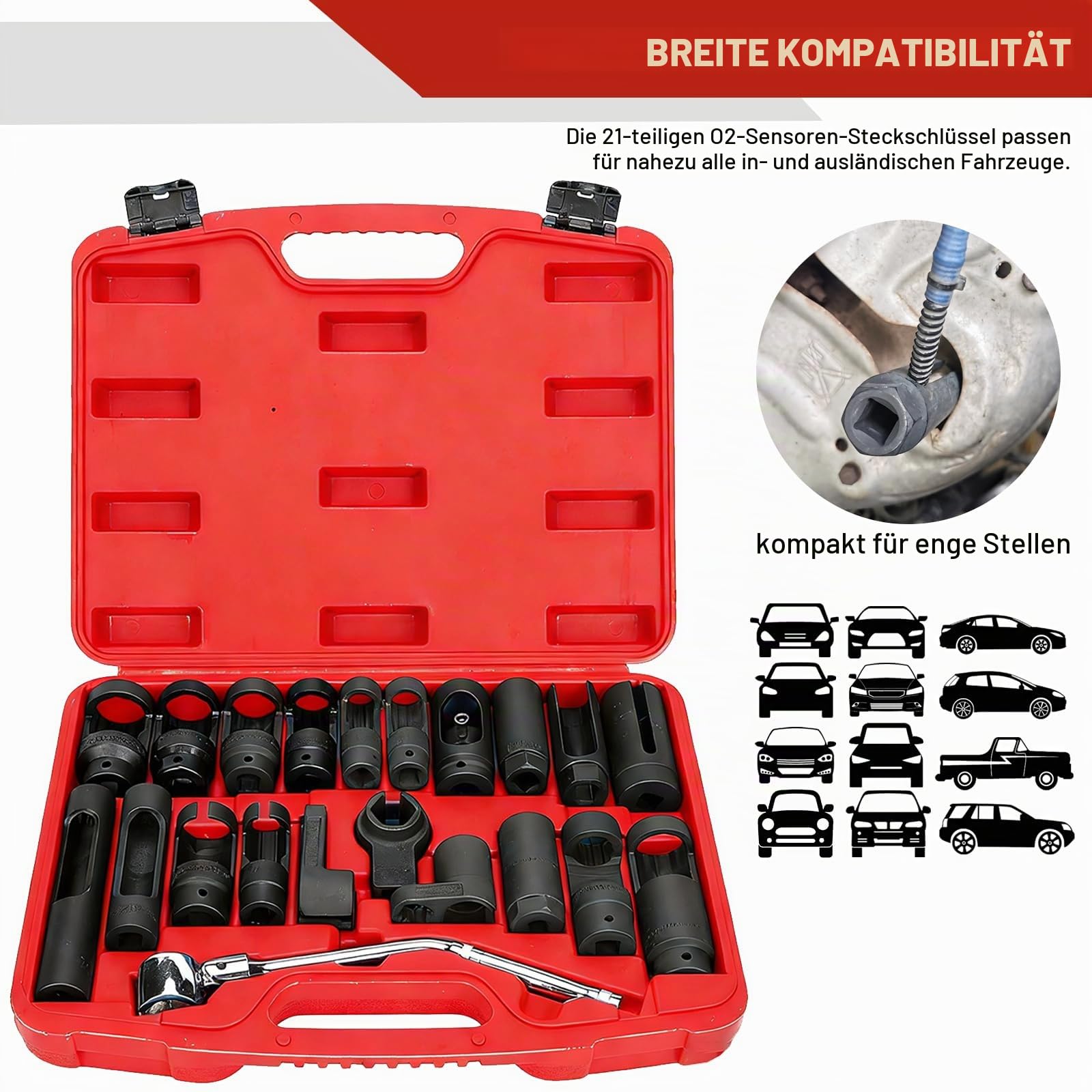 FreeTec 21tlg Lambdasonden Schlüssel Set, 22mm Lambdasonden Nuss, 1/2" 3/8" Lambdasonde Werkzeug Steckschlüssel Nüsse Set for Demontage Lambda Nox Sonde Auto