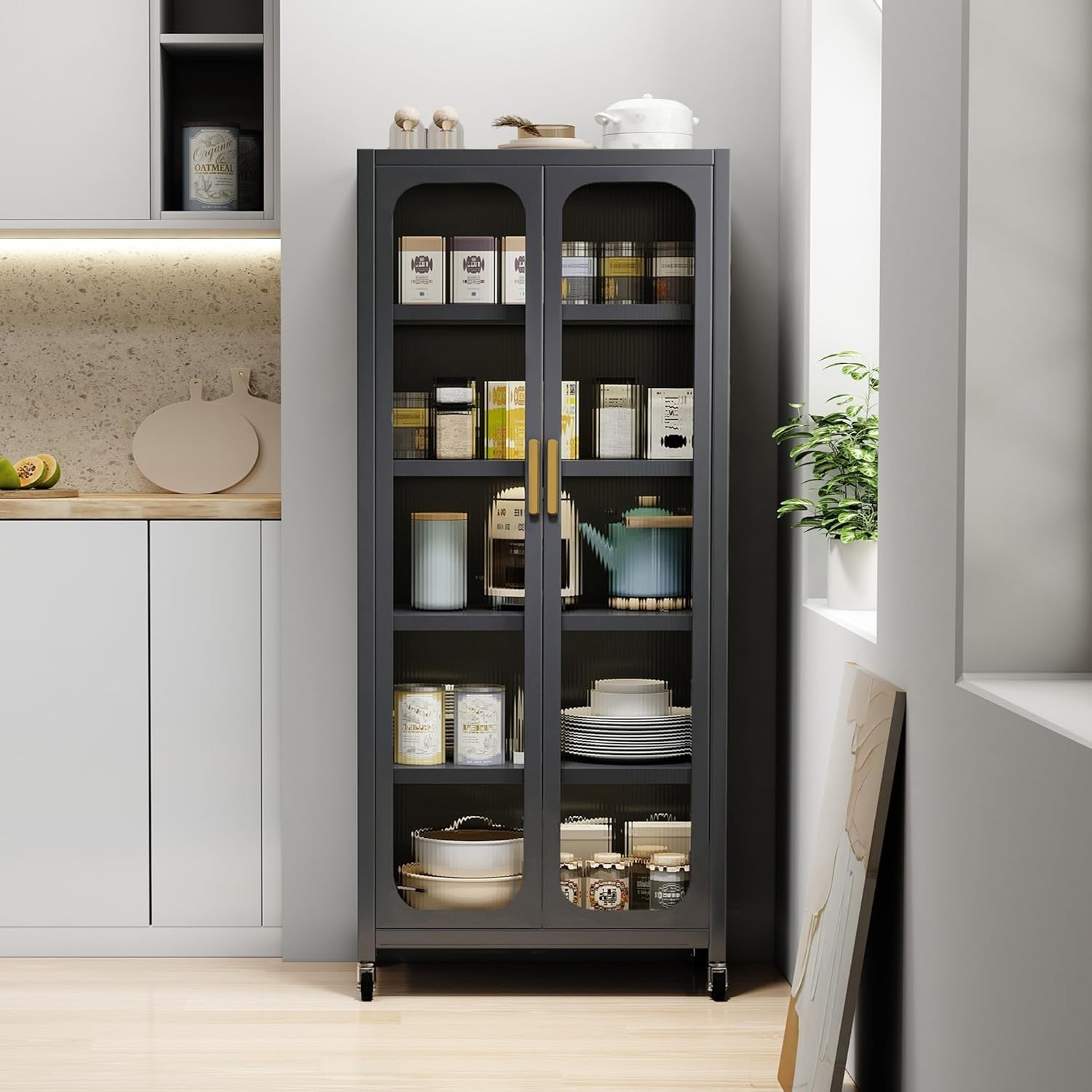 Kitchen Pantry Storage Cabinet, 6 Tier 65" H Metal Sideboard with Wheels and Acrylic Glass Door, Modern Kitchen Storage Rack for Home, Office,Pantry