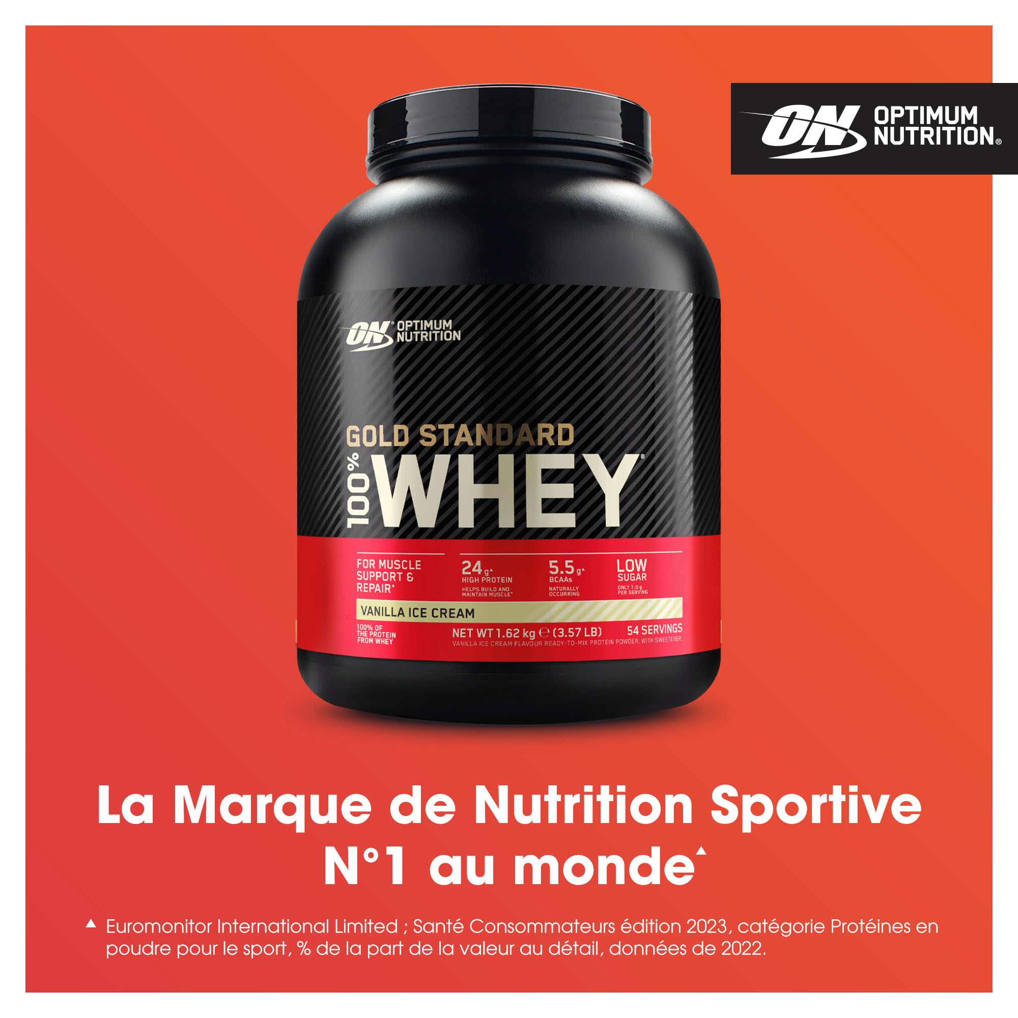 Optimum Nutrition Gold Standard 100% Whey, Protéine en Poudre, Goût Glace à la Vanille, 1.62kg, 54 Doses