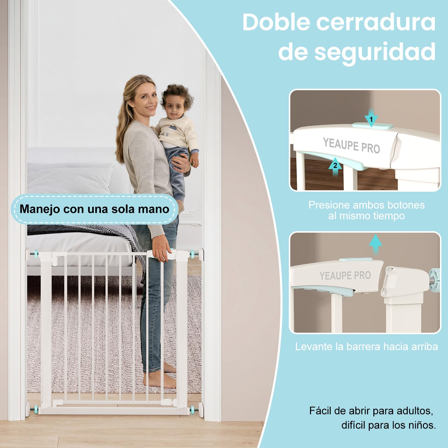 YEAUPE PRO Barrera de Seguridad Niños Escalera, 89-93 CM, Valla de Seguridad Infantil sin Tornillos, Puerta de Seguridad para Bebé y Perros, Apertura Una Mano, Doble Bloqueo, Uso en Interiores, Blanco