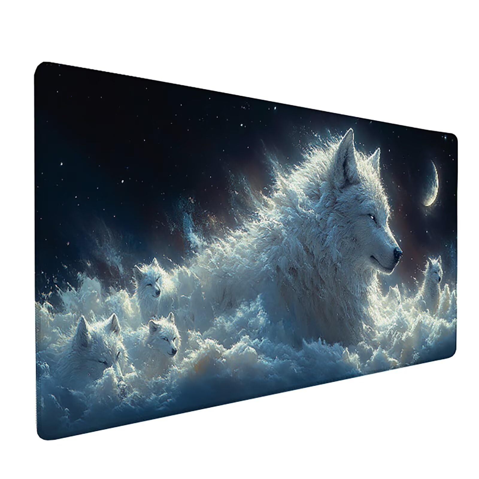 Podkładka pod mysz Moon XXL 1500 x 800 x 3 mm, podkładka pod mysz do gier z wilkiem, podkładka pod mysz z gumową podstawą, podkładka pod mysz dla graczy ze szwami na krawędziach, akcesoria dla graczy