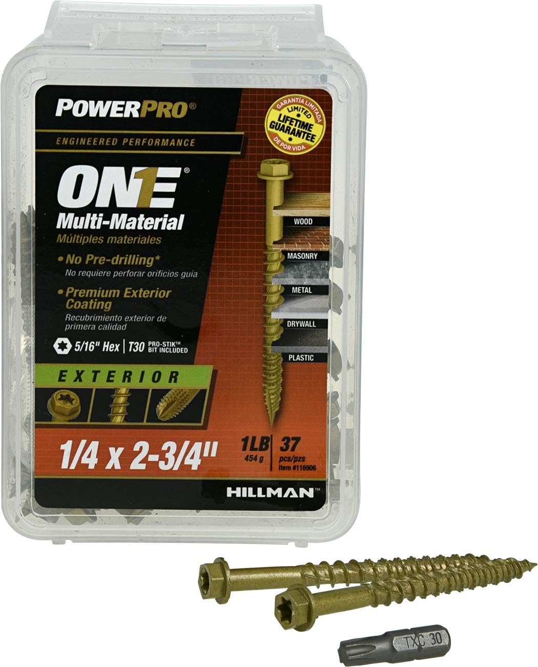 Power Pro Premium One Multi-Material Hex Washer Head Screws, Epoxy Coated Steel, Fasten in Wood, Metal, Concrete, Drywall and Plastic, Bronze, ¼ x 2-¾ inches, Box of 37 Screws