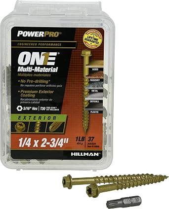Power Pro 37 Pc Multi-Material Hex Washer Head Screws (1/4 x 2-3/4) | Star/Hex Drive Fastening Screws | No Pre-Drill Hi-Lo Thread Screws for Wood Metal Concrete Drywall Plastic Exterior Use