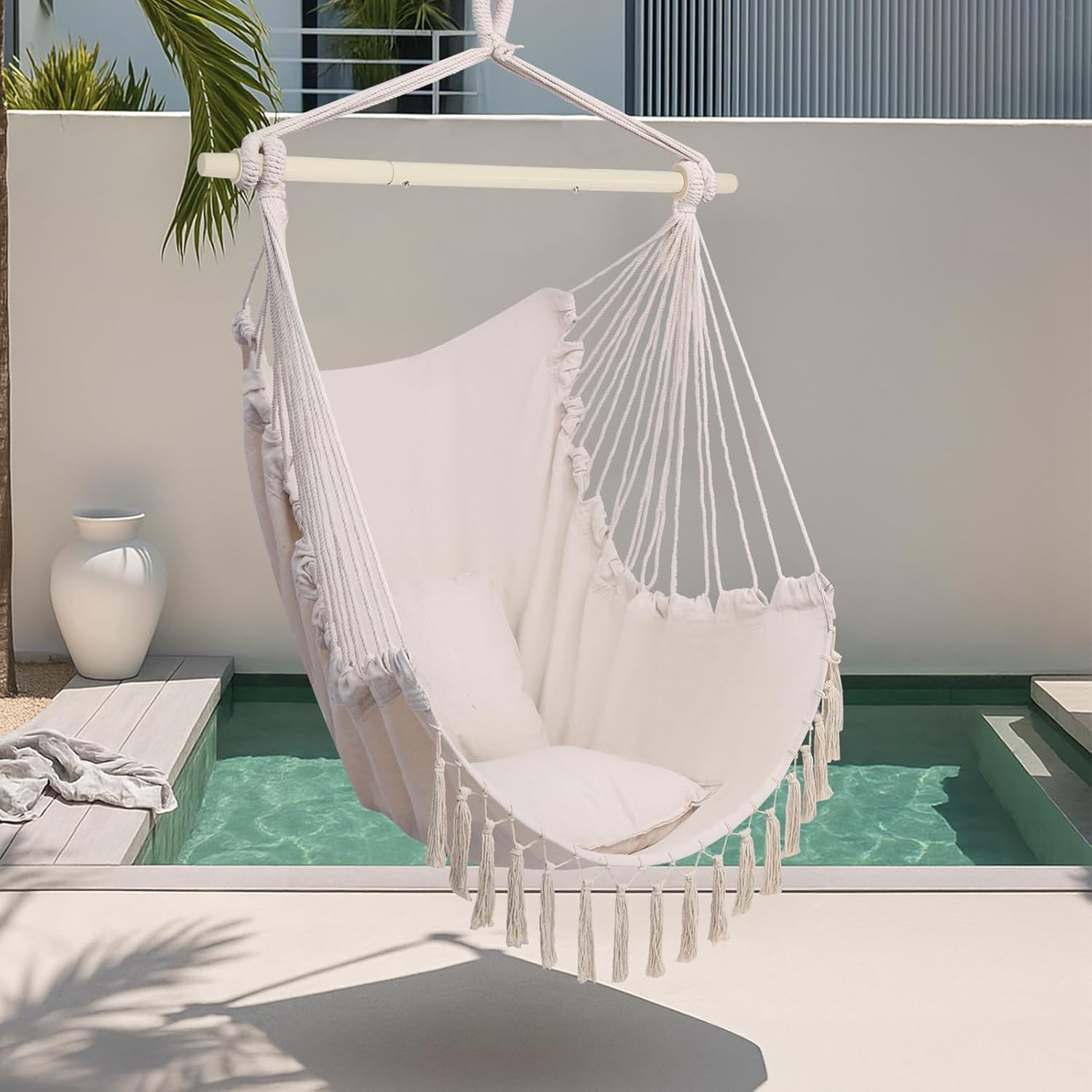 Outvita Hammock Chair Suspended Rope Swing with Stylish Tassels, Non-Slip Galvanized Steel Poles, Includes 2 Fluffy Pillows, Maximum Weight Capacity 500 lbs, Indoor and Outdoor Available, Pallid