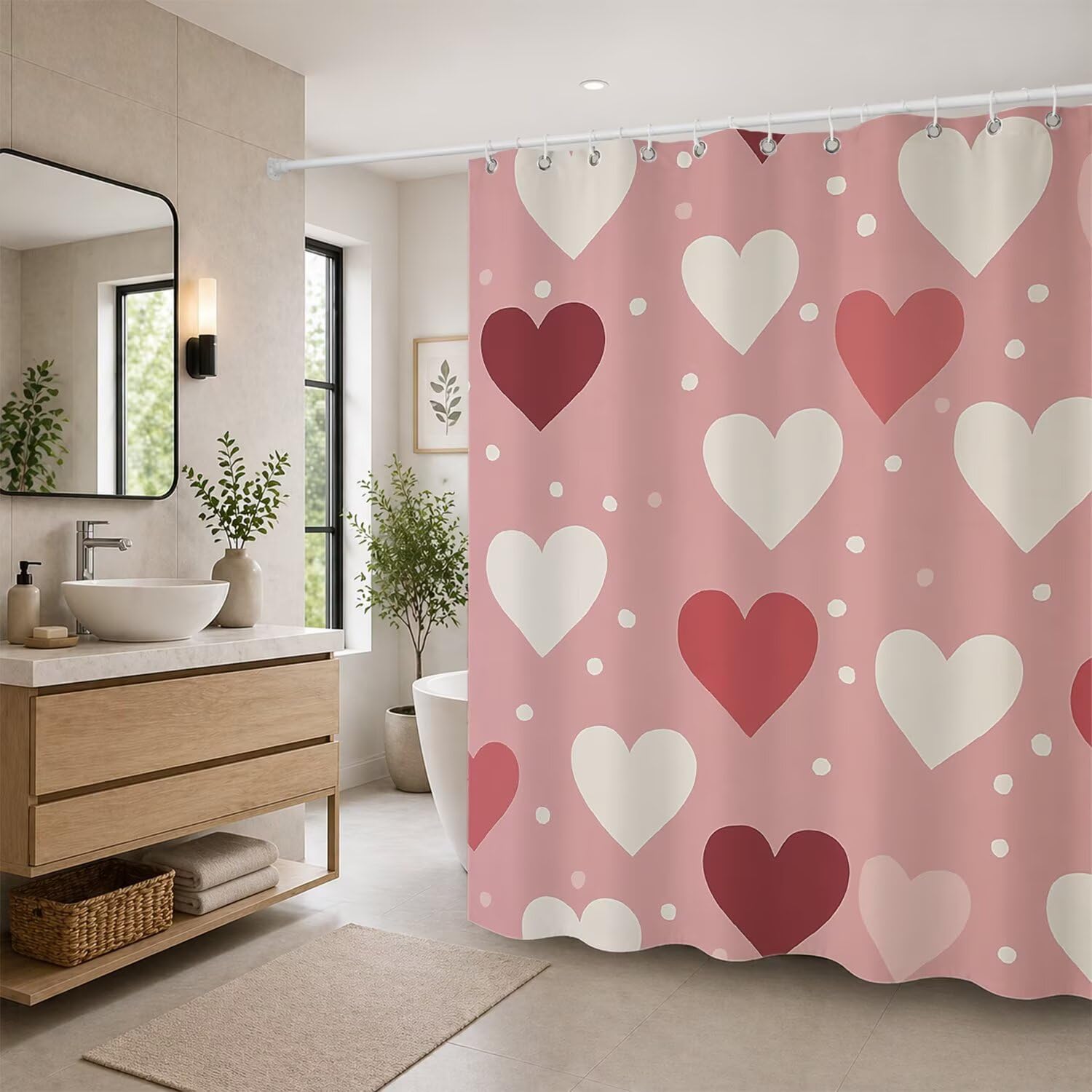 Rideau de douche imperméable et lavable en machine avec ourlet lesté rose T-X78