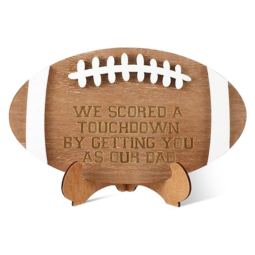 Barydat Dad Wooden Sign Rustic Football Dad Wooden Plaque Fathers Day Gift for Dad from Son Daughter Football Shaped Sign Father's Day Home Decorations Desk Decor