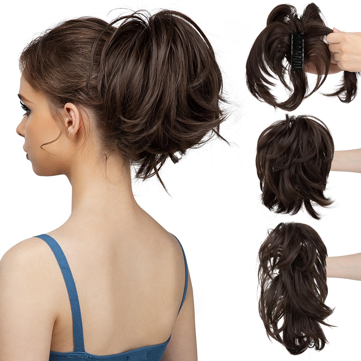CJL ヘアクリップ ショート ポニーテール ヘア エクステンション DIY 曲げられる金属 乱雑なお団子 ヘア ピース Wonen ストレート 合成 フェイクヘアピース ダークブラウン