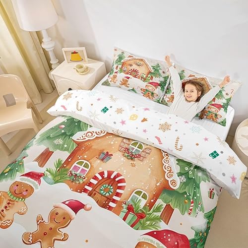 Vista 202 de Juego de funda de edredón rosa de Navidad para niñas, tamaño matrimonial, lindo juego de ropa de cama de dibujos animados de pingüino de Papá Noel