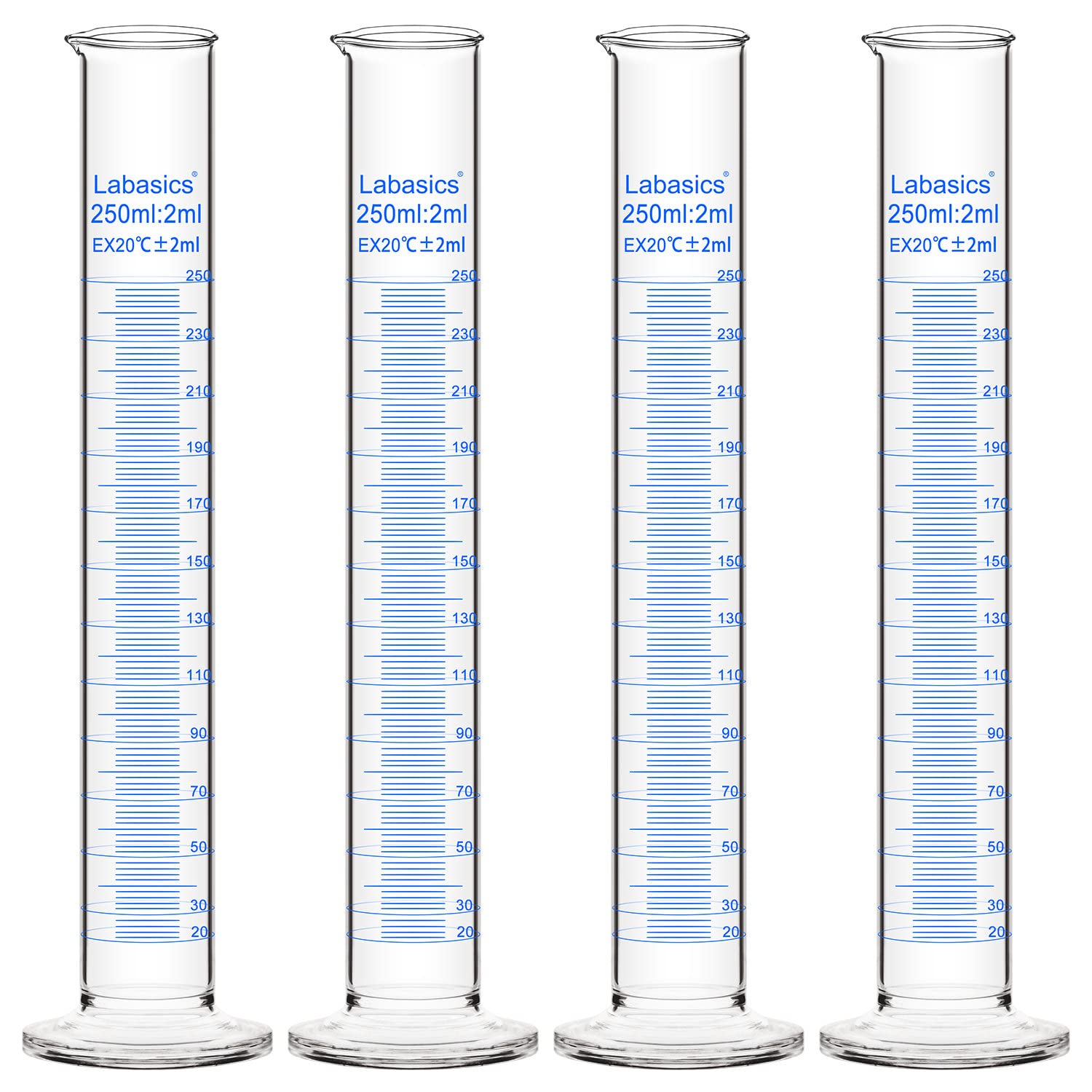 Labasics Lot de 4 Éprouvettes Graduées en Verre Borosilicaté, 250 ml, Cylindre Gradué à Paroi Épaisse, Verrerie de Laboratoire, Bec Verseur