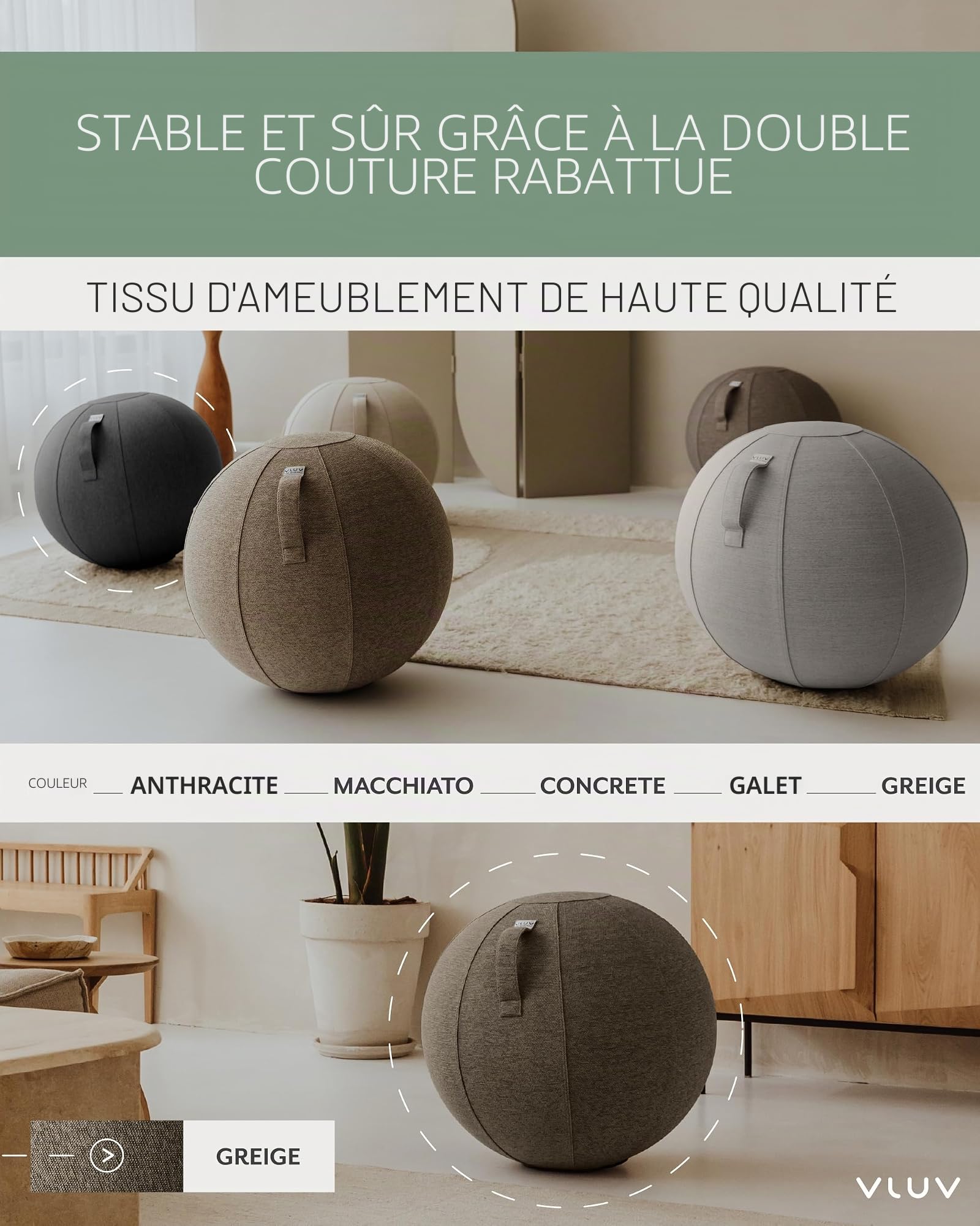 VLUV Ballon-siège STOV, siège Ergonomique, Couleur: Greige (Gris), Ø 70cm - 75cm, Tissu d’ameublement de qualité supérieure, Robuste et indéformable avec Une poignée de Transport