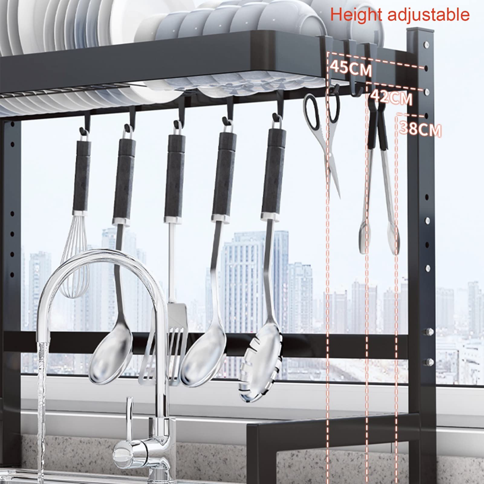 Rejilla para escurrir Platos, Rejilla para Platos Negra sobre Fregadero, Rejilla para secar Platos de Metal, Altura Ajustable (86 cm)