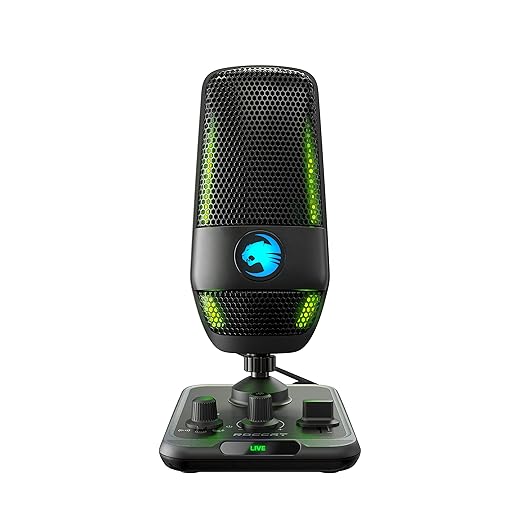 ROCCAT Torch USB Microphone, Studio-Grade Audio, PC Computer Gaming Wired Mic, RGB AIMO Lighting with Indicator, For Streaming, Recording, Podcasting, Quick Mute, Boom Arm Compatible, Black