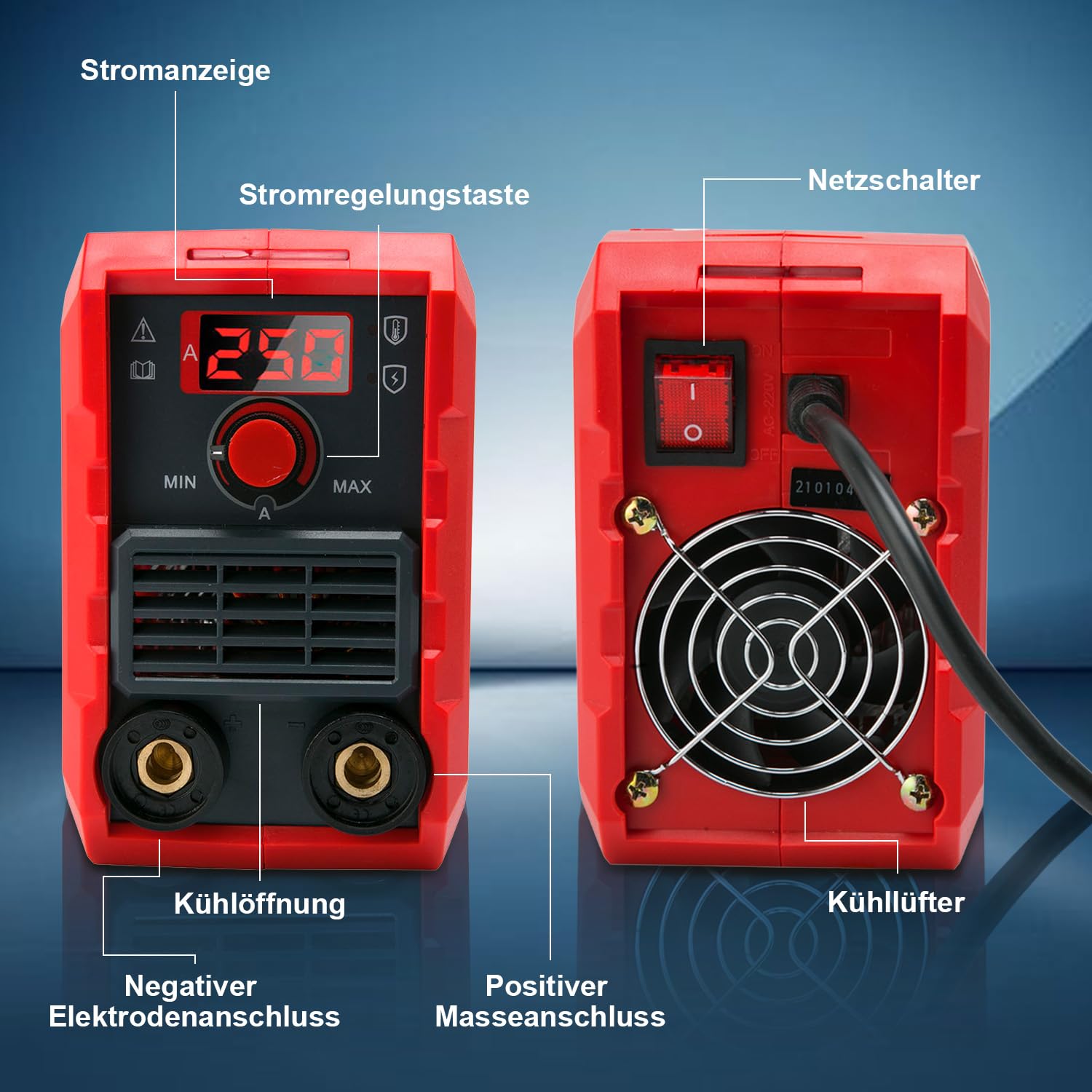 VOBOR Mini Elektroden Schweißgerät, Tragbar DC Inverter mit IGBT Technologie, LED Digital Display & Überhitzungsschutz, Fülldraht Schweißgerät, MMA-250