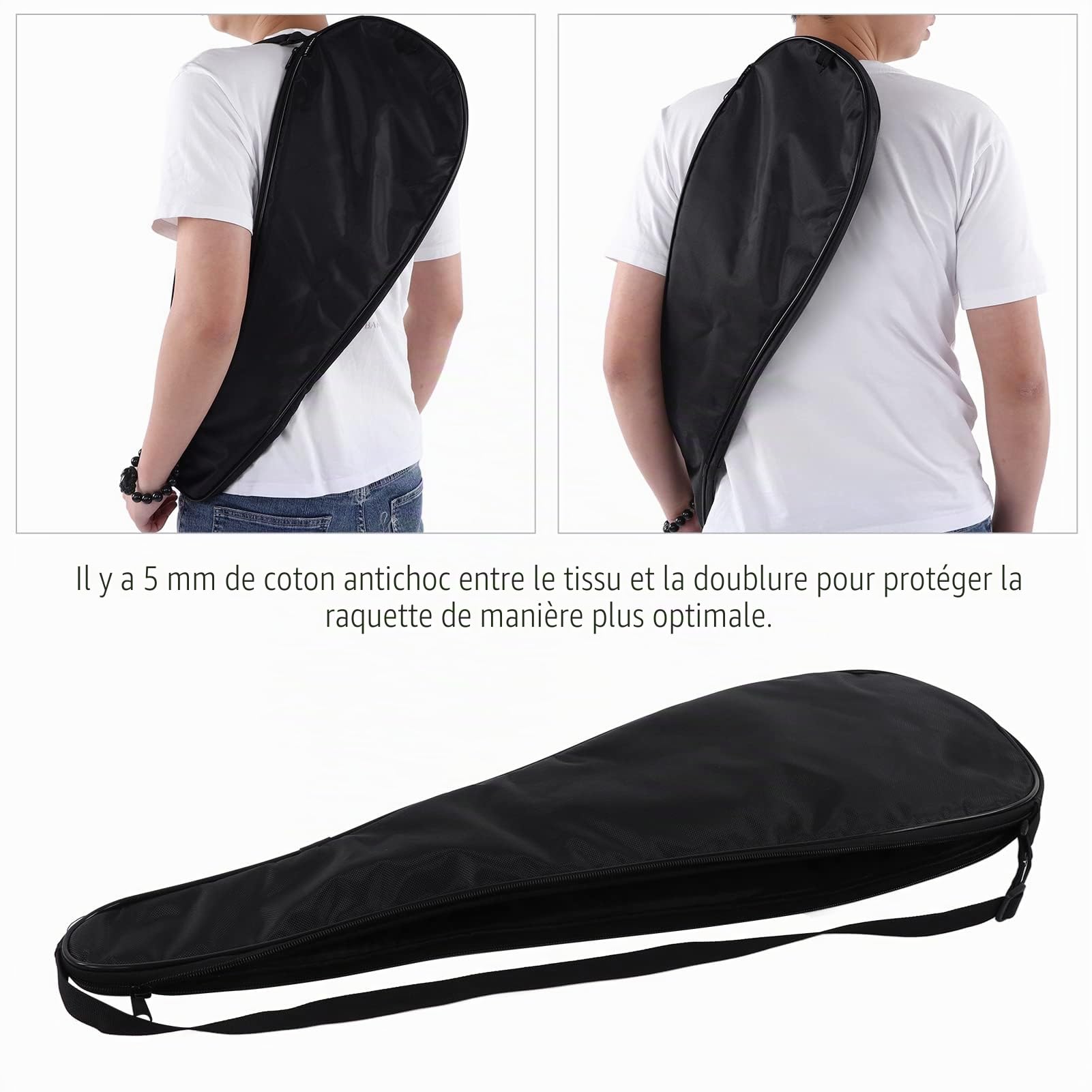 Sac de Housse de Raquette de Squash, Sac de Transport Léger rembourré avec Bandoulière Réglable (Noir)
