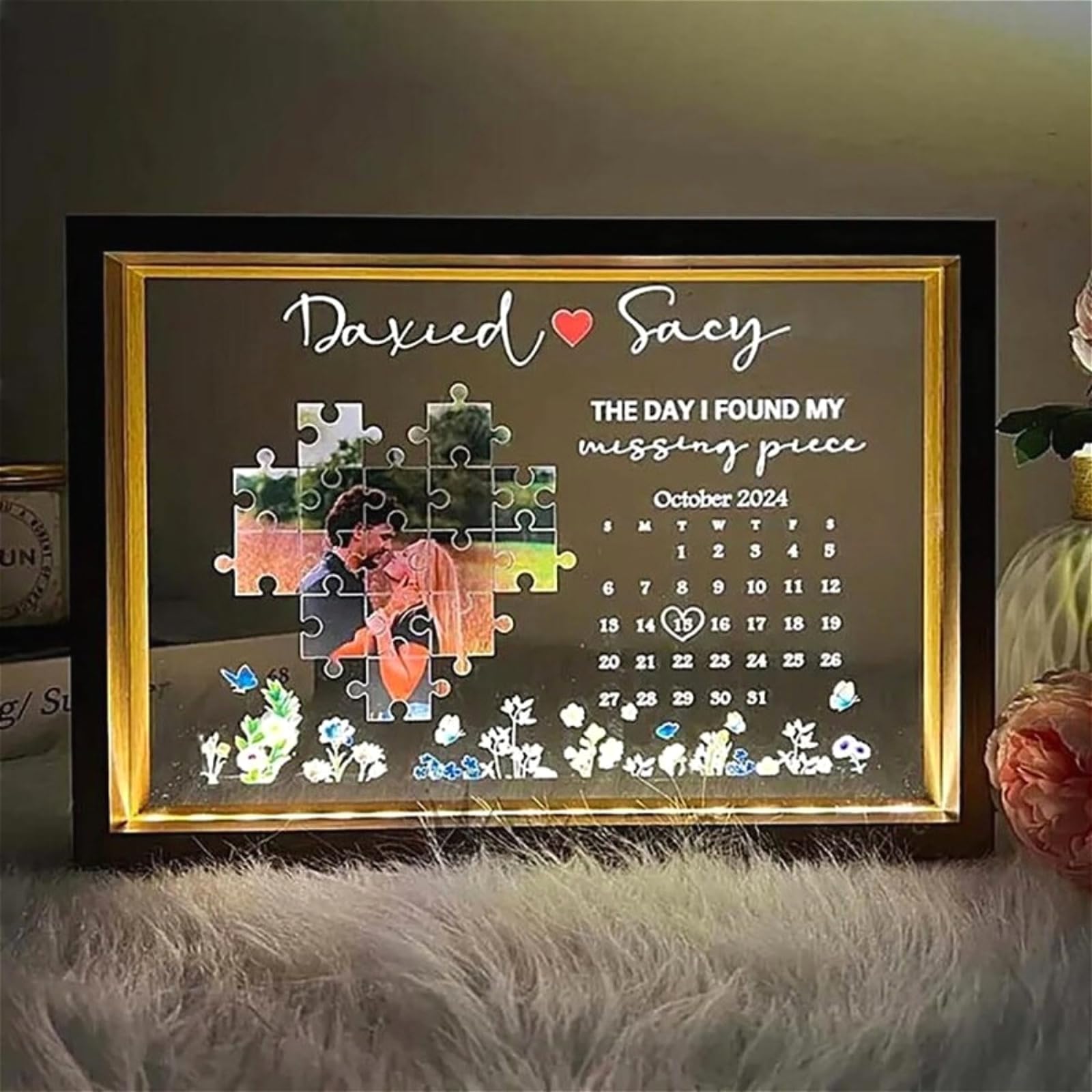 Veilleuse personnalisée avec photo calendrier et cadre lumineux LED 22 x 32 cm pour couple
