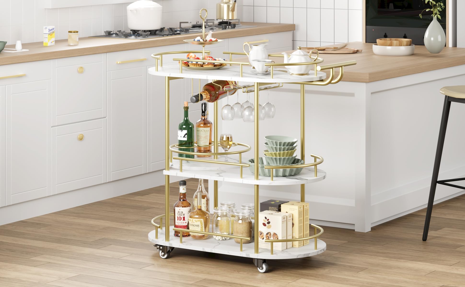 Muebles de Bar,Carros de Vino,Estante de Botellas de 3 Niveles, Ovalado, Base Blanca,Carro de deesert Estructura de Metal Dorado, construcción de gres porcelánico y Metal, Dimensiones 94 × 87 × 40 cm