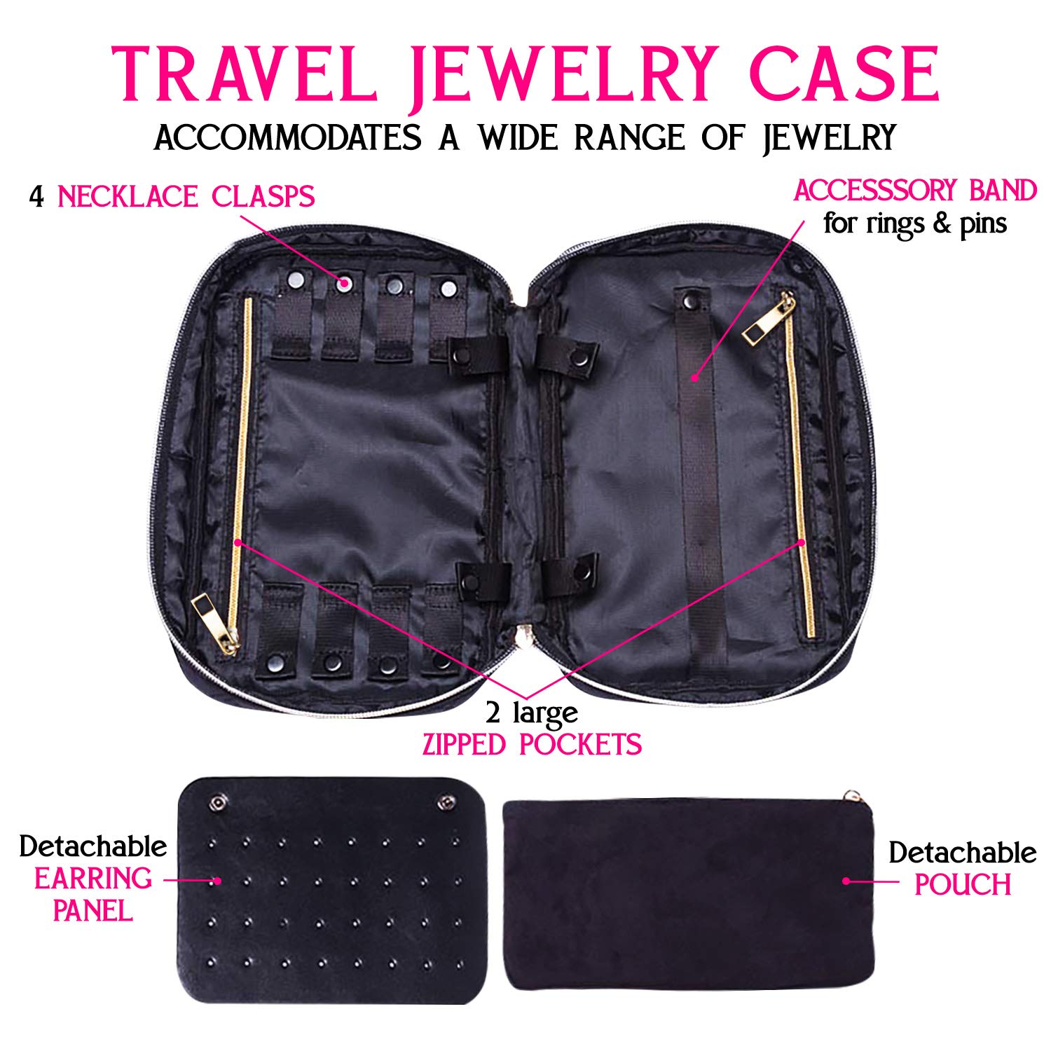 Ms. J Reise-Schmuck-Organizer, Reise-Schmuckaufbewahrung, Tragetaschen für Ohrringe, Halsketten, Ringe, Armbänder, Reise-Schmucketui, Schwarz