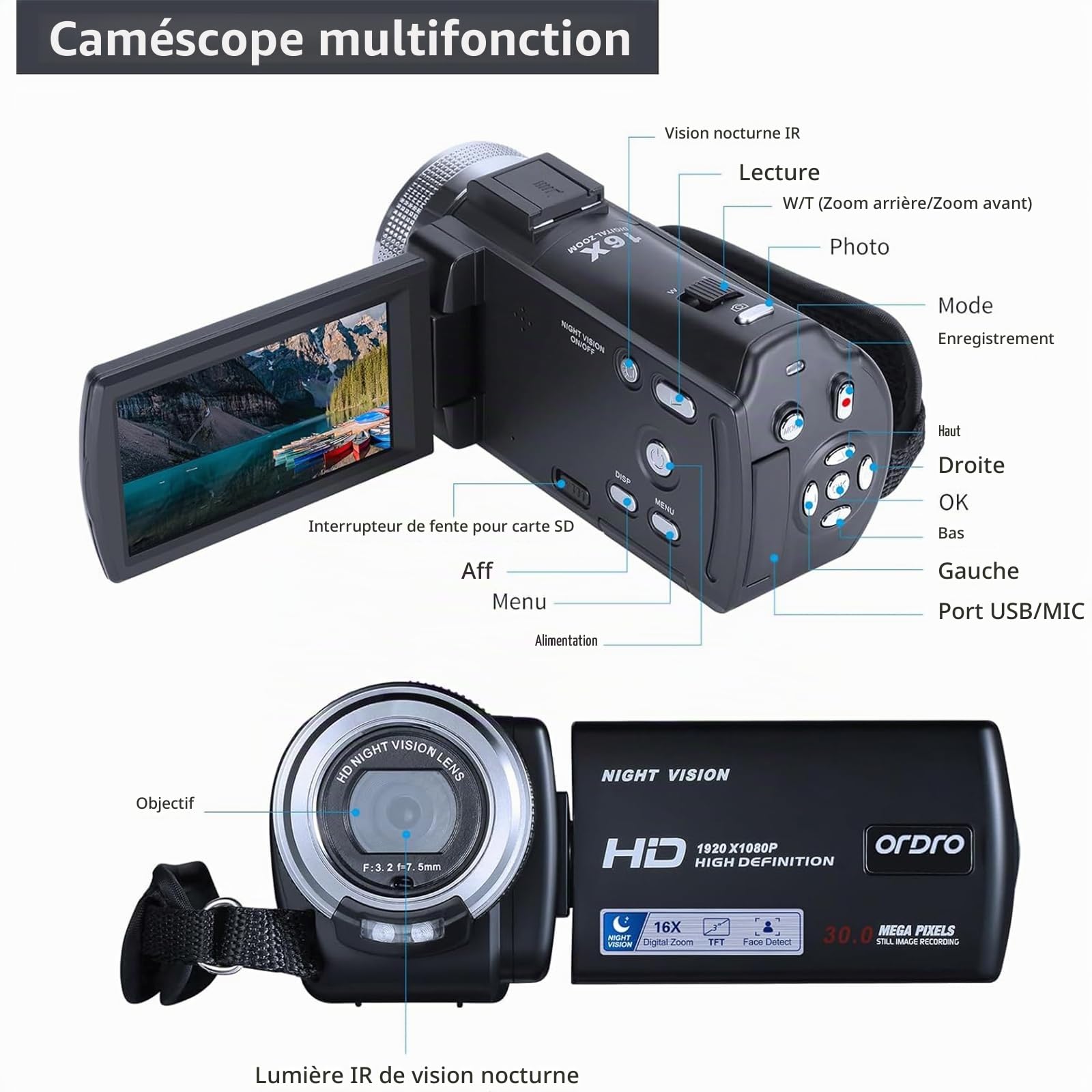 ORDRO V12 Caméscope Vidéo Full HD 1080P 30FPS Caméra Infrarouge à Vision Nocturne Écran LCD 3.0 Pouces Zoom 16X Caméscopes avec Carte SD 16GB Télécommande et 2 Piles