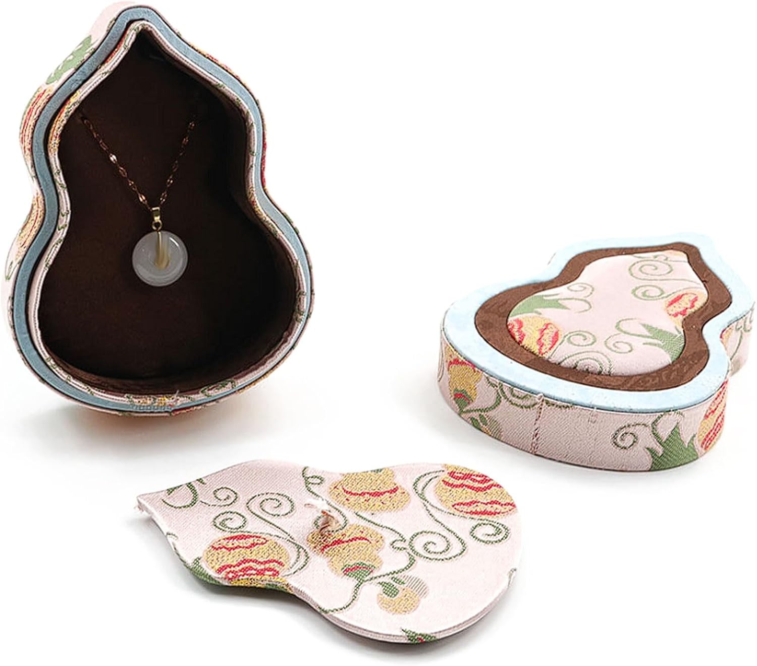 Gourd-Shaped Jewelry Box, Song Brocade Jacquard Cotton Satin Storage Case for Necklaces, Bracelets, Small Accessories(Pink)