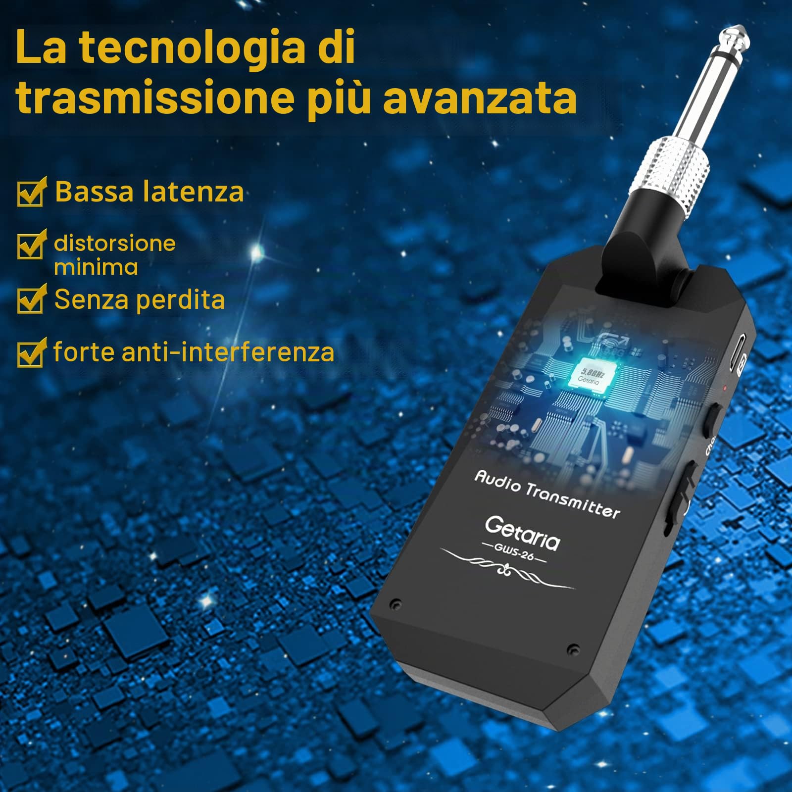 Sistema Wireless Chitarra 5.8 GHz – Trasmettitore e Ricevitore Anti-Interferenza, 4 Canali Indipendenti, wireless Acustico, Basso, Violino, Tastiera Strumenti Elettrici