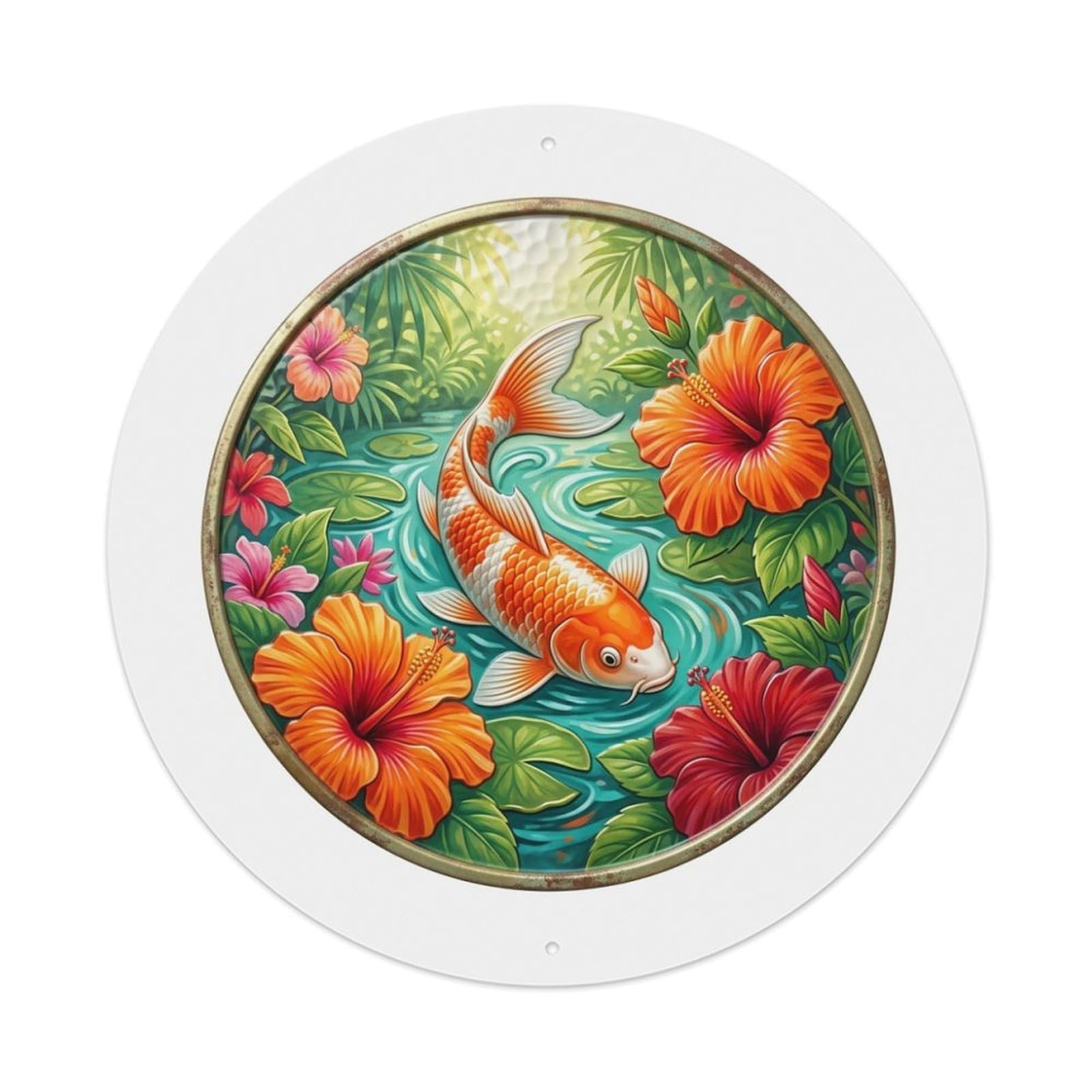 Hibiscus Tropical Bloom Koi Fish Vintage Metal Tin Sign Plaque Wall Decor for Cafe, Club Bar, Office, Garden Metal Poster 8x8Inch