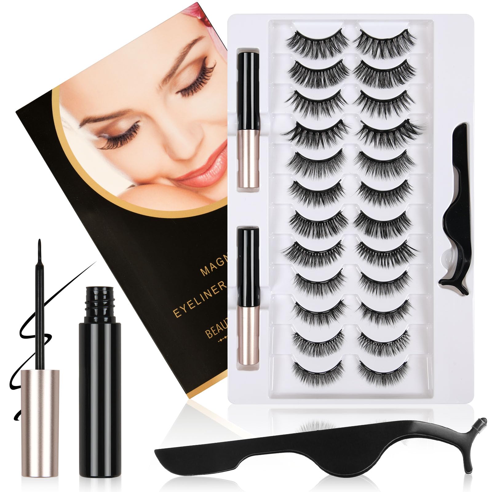 LOPHE Magnetyczne rzęsy, 12 par sztucznych rzęs z eyelinerem i klipsem do rzęs, zestaw 3D, długie, puszyste rzęsy do makijażu, Cosplay, A