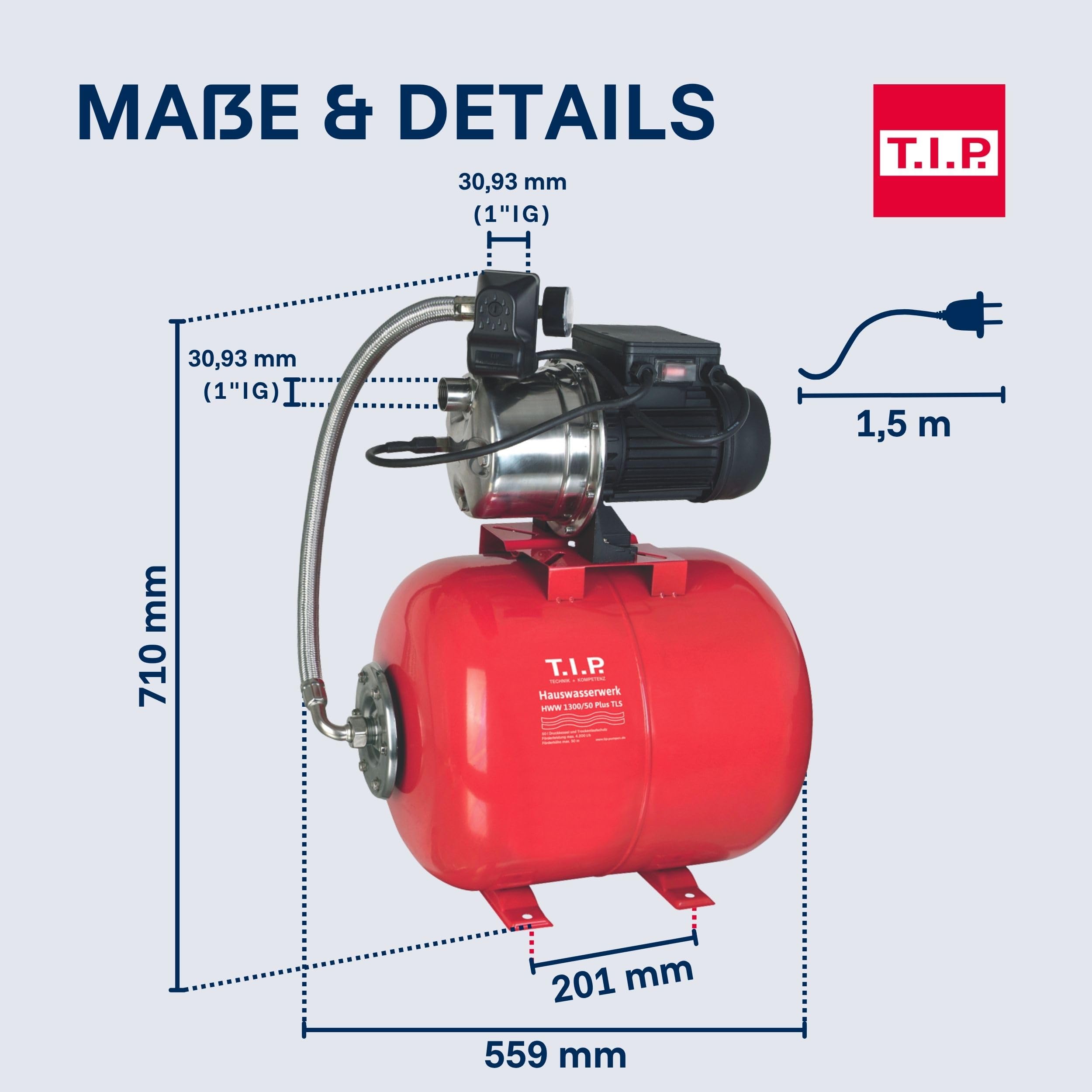 T.I.P. Hauswasserwerk 4200 l/h & 50 L Kessel, Druckerhöhung und Bewässerung | HWW 1300/50 Plus TLS 50L Stahl-Druckkessel, 1200W Leistung, 4200 l/h Fördermenge und 5.0 bar für Haus und Gartenbewässerung