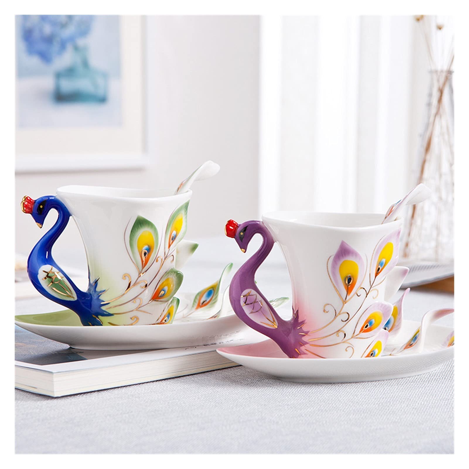 Kaffeetasse Kreative 3d handgefertigte Porzellan Email Peacock Kaffeetasse Set mit Untertasse und Löffel Keramik Tee Wasser Tasse Neuheit Geschenke (230ml) Teetasse ( Color : Blauw , Size : 230ml )