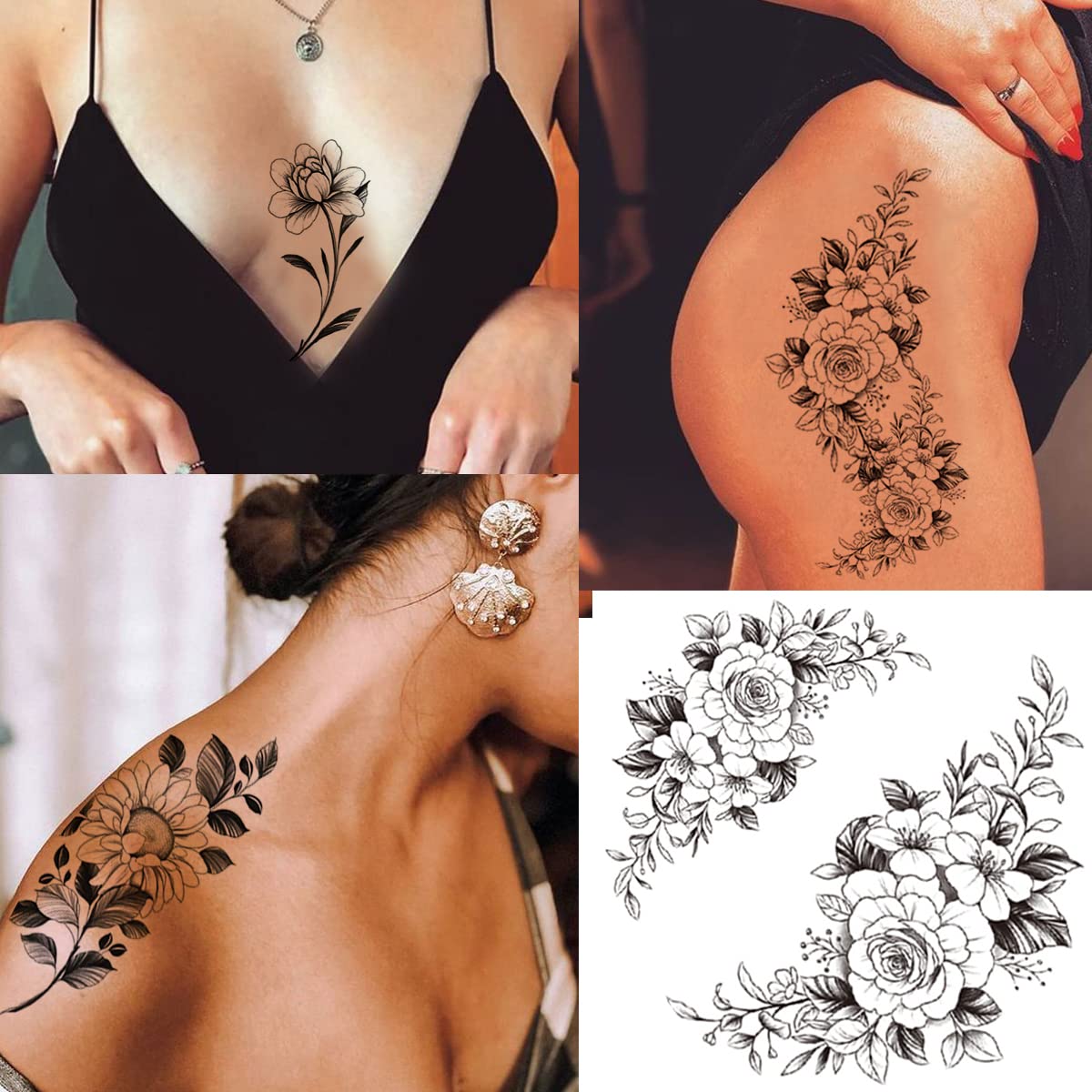 Tazimi 3D Black Flower Temporary Tattoos - Waterproof Body Art