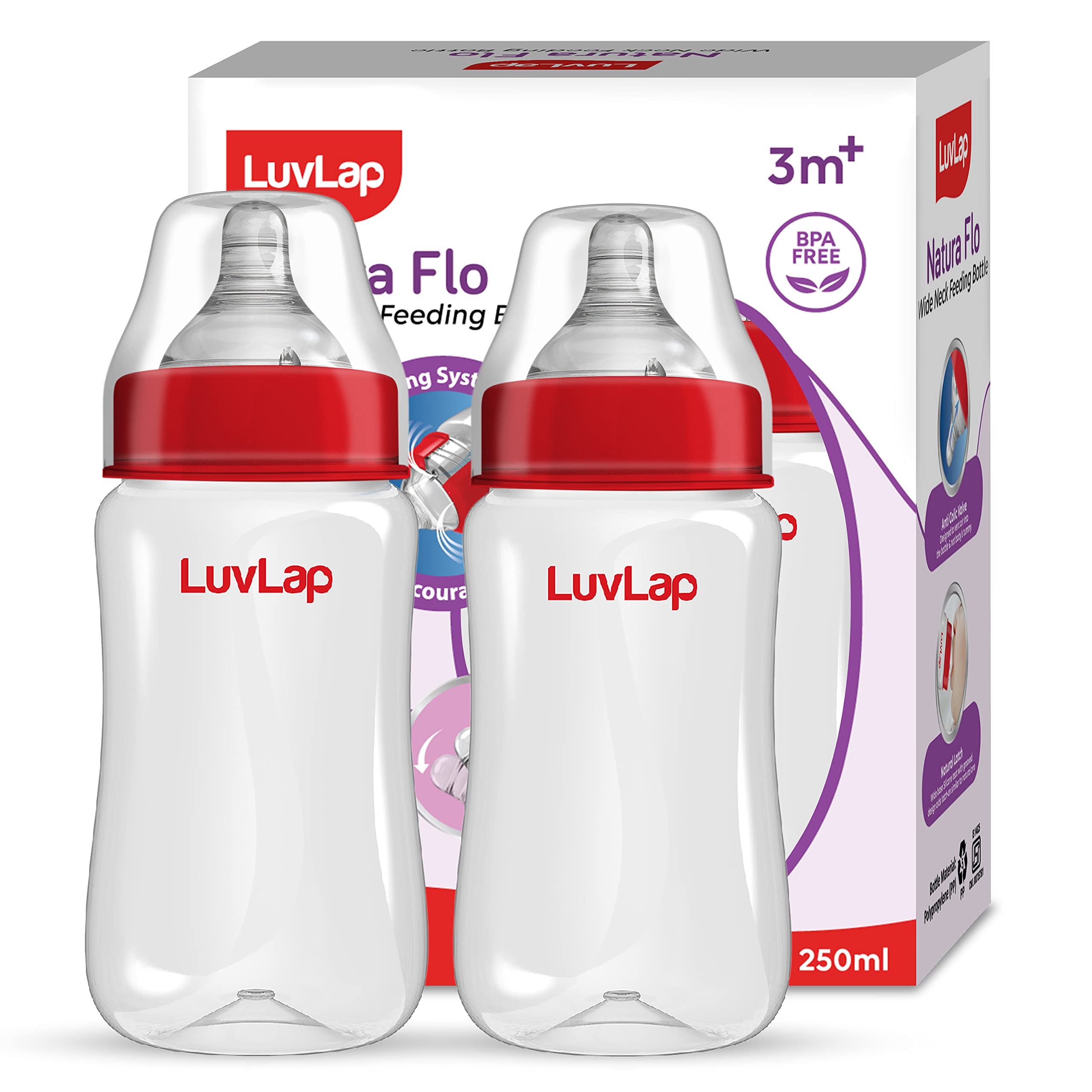 Luv Lap Anti-Colic Wide Neck Natura Flo Baby Feeding Bottle, 250ml (Pack of 2), New Born/Infants/Toddler upto 3 years, BPA Free, Pack of 2, White & Red