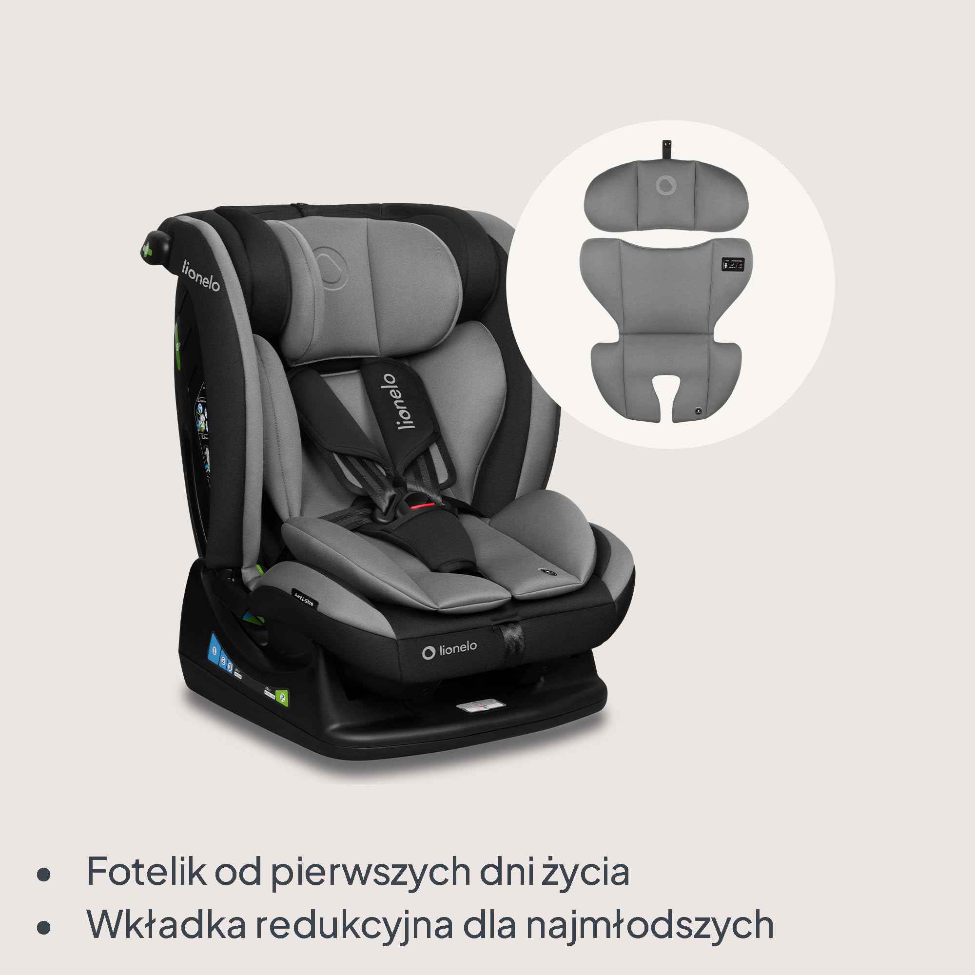 LIONELO AART I-SIZE Dziecięcy Fotelik Samochodowy 40-150 cm, Montaż Pasami Bezpieczeństwa, Regulacja Zagłówka i Pochylenia, Wkładka Lędźwiowa i Redukcyjna, Norma R129 i-Size (Szary)