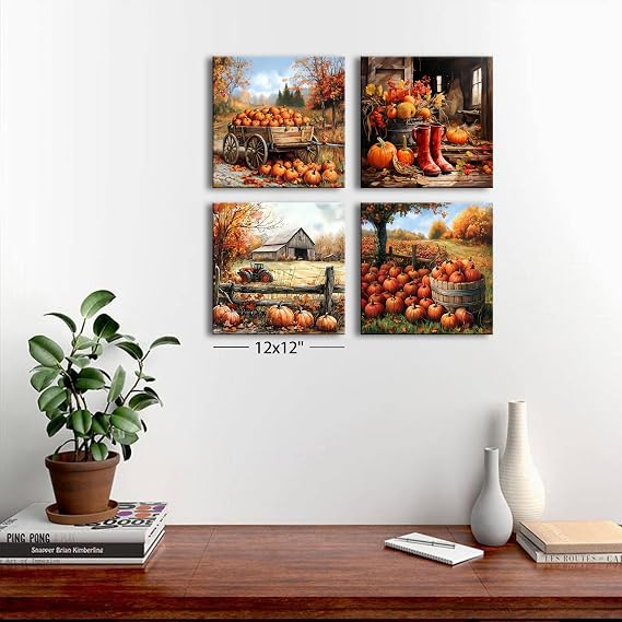 Fall Wall Art Rustic Country Pumpkin Wall Decor Old Barn Pictures for Living Room Watercolor Autumn Nature Landscape Canvas Print Farmhouse Maple Tree Artwork Kitchen Bedroom Home Decoration 12x12