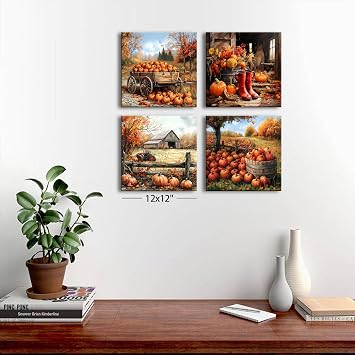 Fall Wall Art Rustic Country Pumpkin Wall Decor Old Barn Pictures for Living Room Watercolor Autumn Nature Landscape Canvas Print Farmhouse Maple Tree Artwork Kitchen Bedroom Home Decoration 12x12