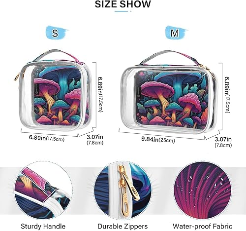 Miniatura 4 de Bolsa de aseo transparente de hongos coloridos para viajar, paquete de 2 bolsas de cosméticos de maquillaje con cremallera, bolsa de viaje para