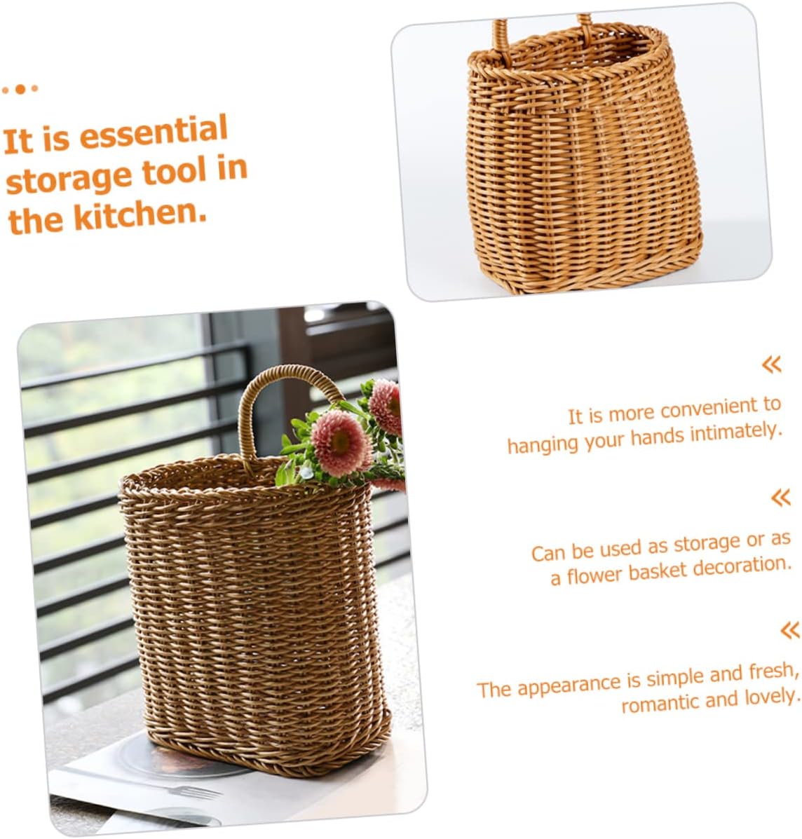 Imitation Rattan Woven Basket Wall Hanging Storage Organizer with Handle 8.66X6.1X4.33 Inches Rustic Decorative Basket for Kitchen Home and Patio