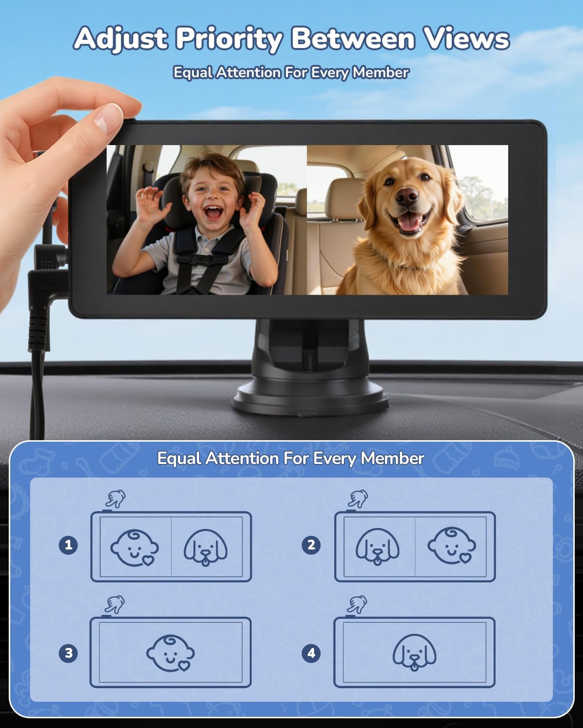 Baby Car Camera for 2 Kids | 6.86″ 1080P IPS Dual-Camera Split Screen Monitor – 360° Rotation IR Night Vision – USB Powered Headrest Mount Baby Car Cam