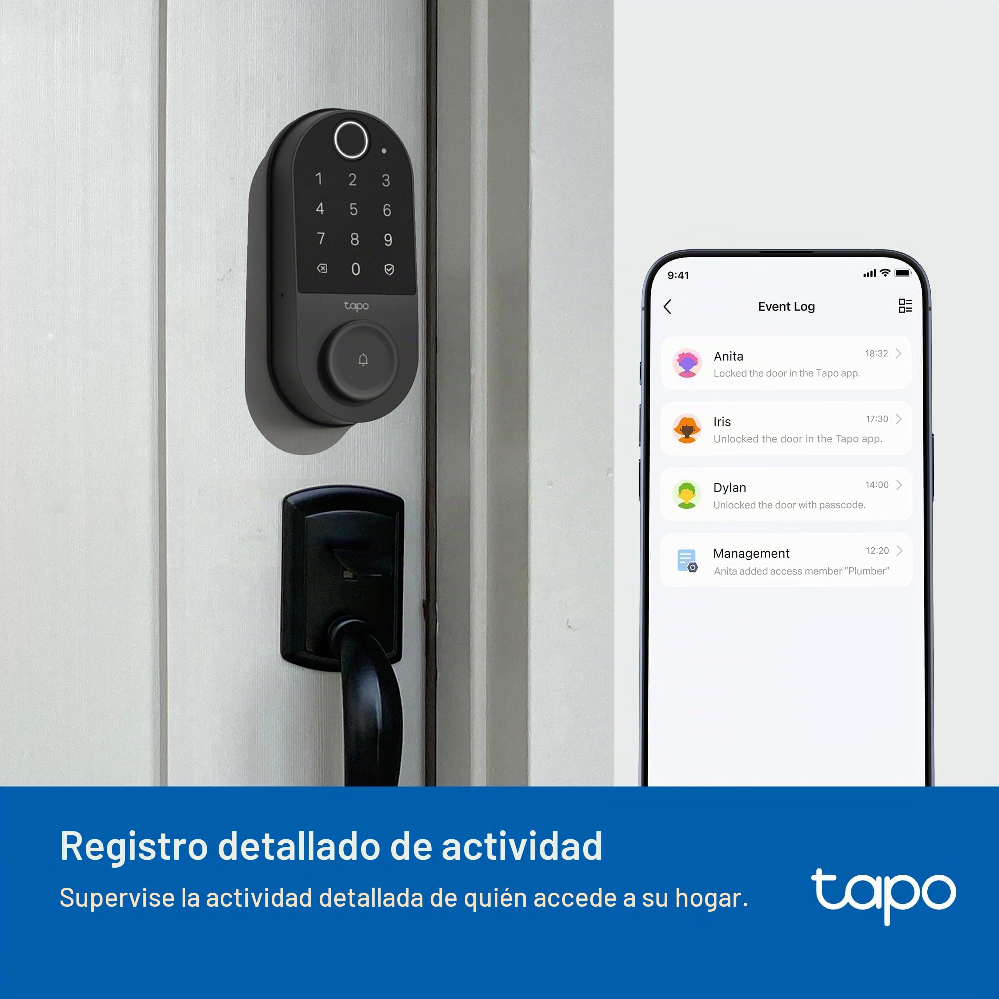 TP-Link Tapo - Cerradura de puerta inteligente, cerrojo | Entrada sin llave, reconocimiento de huellas dactilares, teclado táctil y monitoreo en la aplicación con acceso programado | Batería
