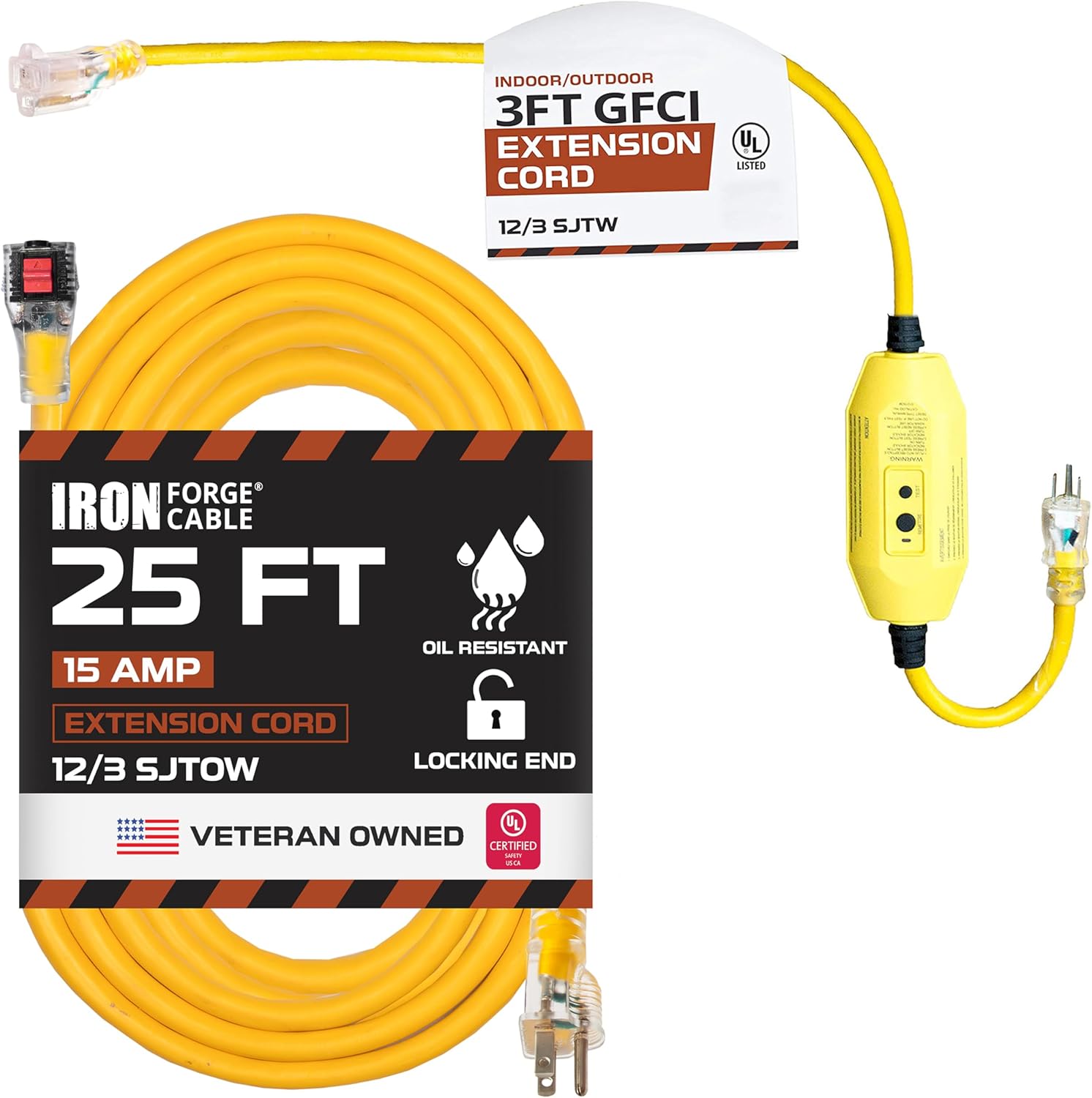 IRON FORGE CABLE 3 Ft Outdoor Extension Cord GFCI 3 Outlets - 12/3 SJTW Heavy Duty Yellow, 15 AMP & Oil Resistant 12 Gauge Extension Cord 25 ft with Locking Ends, Yellow 15 Amp 12/3 SJTOW Heavy Duty