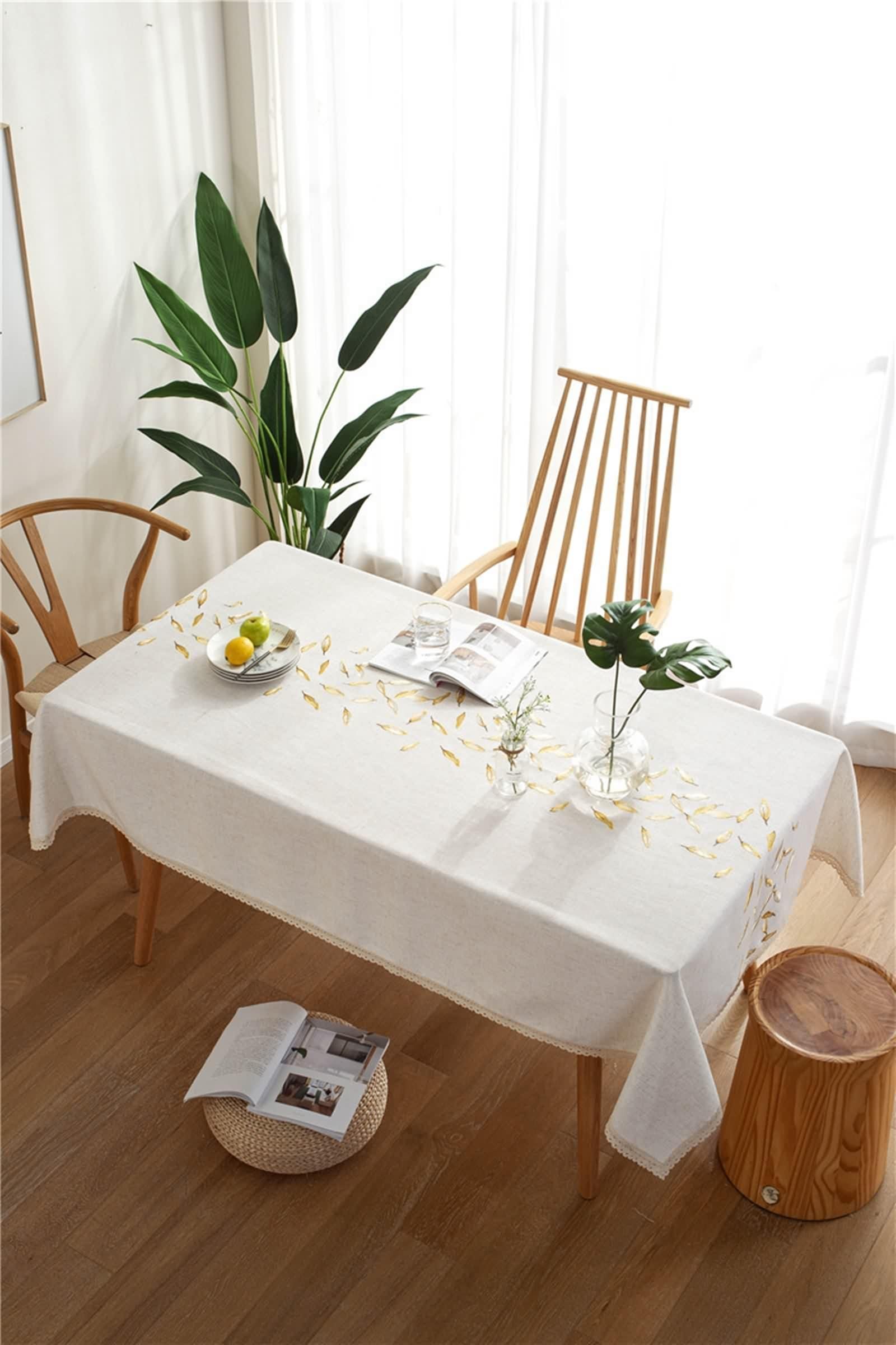 Tischdecke Rechteckig Beige, Tischdeko Geburtstag Vintage Polyester Bestickt Lassen Table Cover 140X100CM für Party Hochzeit
