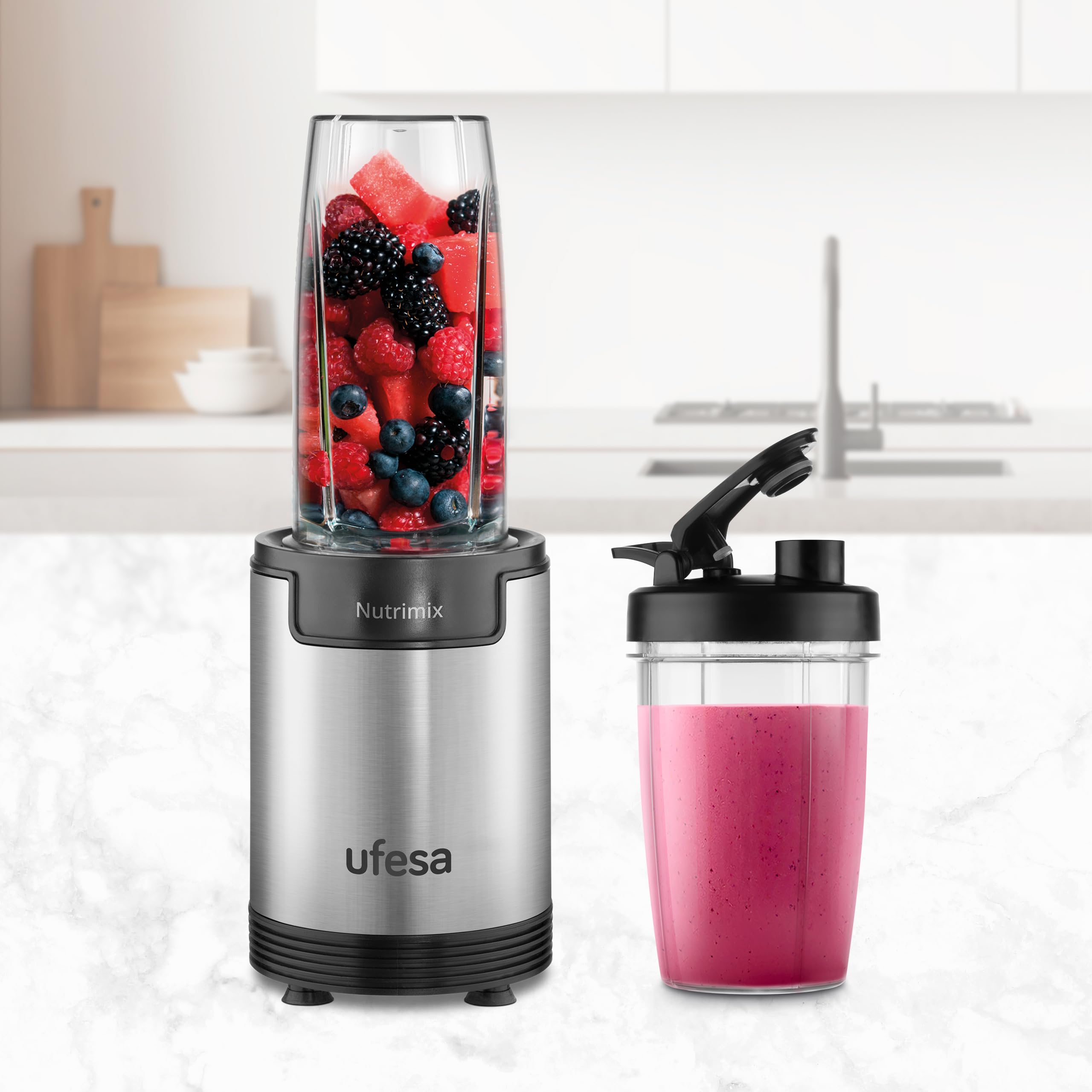 Ufesa Nutrimix Mixeur à Verre Individuel, Extracteur de Nutriments et Vitamines Multifonction, 900W de Puissance, Lames en Acier Inoxydable, Smoothies et Shakes, Broie de la Glace, Accessoires 6 en 1