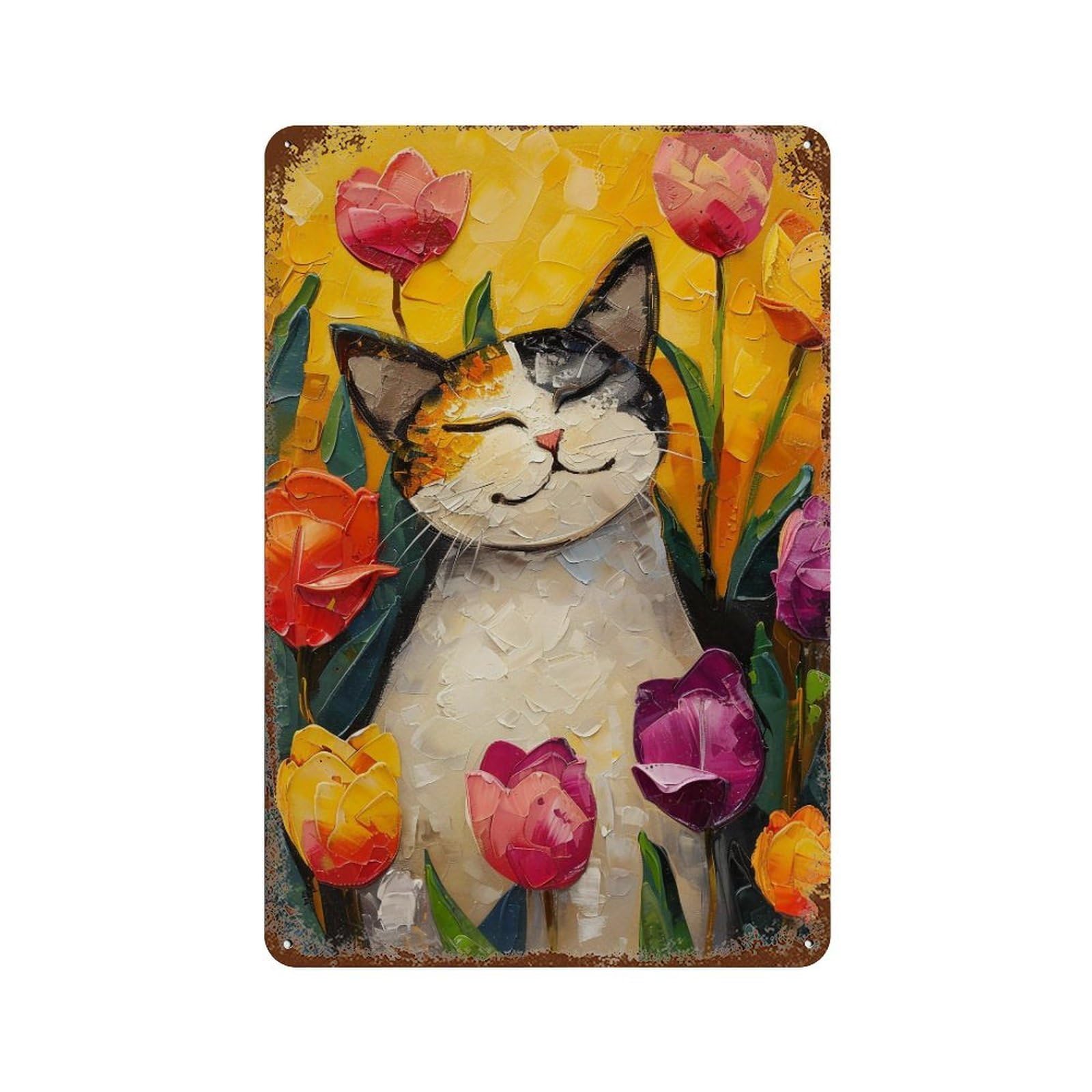 YHGERTKU Happy Cat in Tulip Garden 03 Wall Art Retro Iron Vintage Metal Tin Sign Poster Modern Decor for Living Rooms Gift 30x20cm