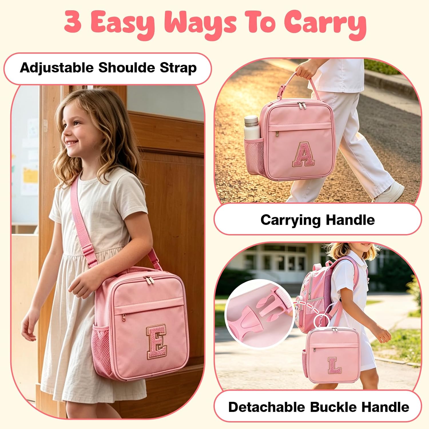 Lunch Bag for Girls, Kids Large Initial Insulated Lunch Box for School