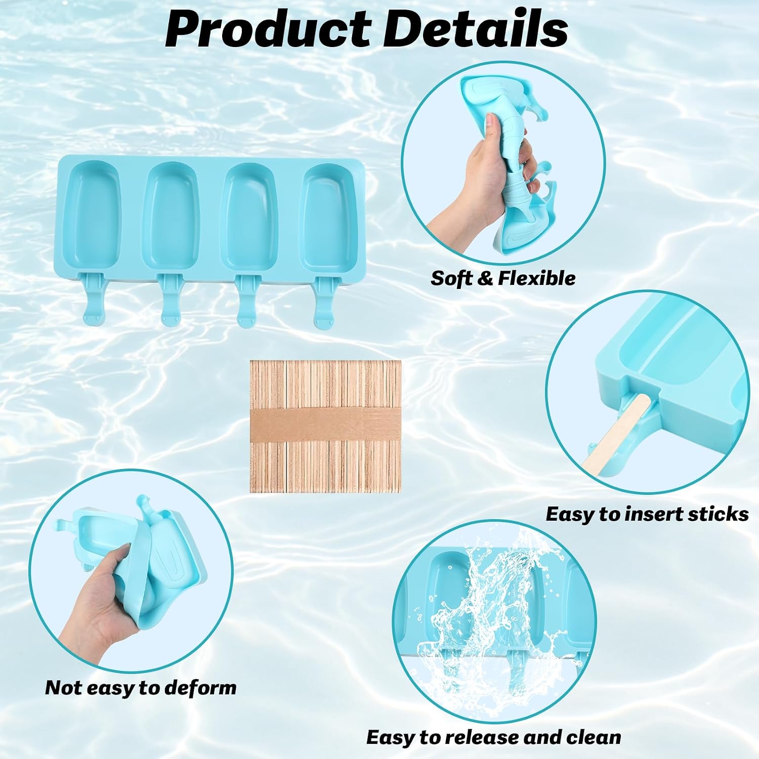 Popsicles Molds, 2Pcs Homemade Cake Pop Molds with Wooden Popsicles Sticks, Reusable Silicone Ice Pop Cream Cakesicle Maker Mold 4 Cavities for Home DIY Craft, Blue image 3