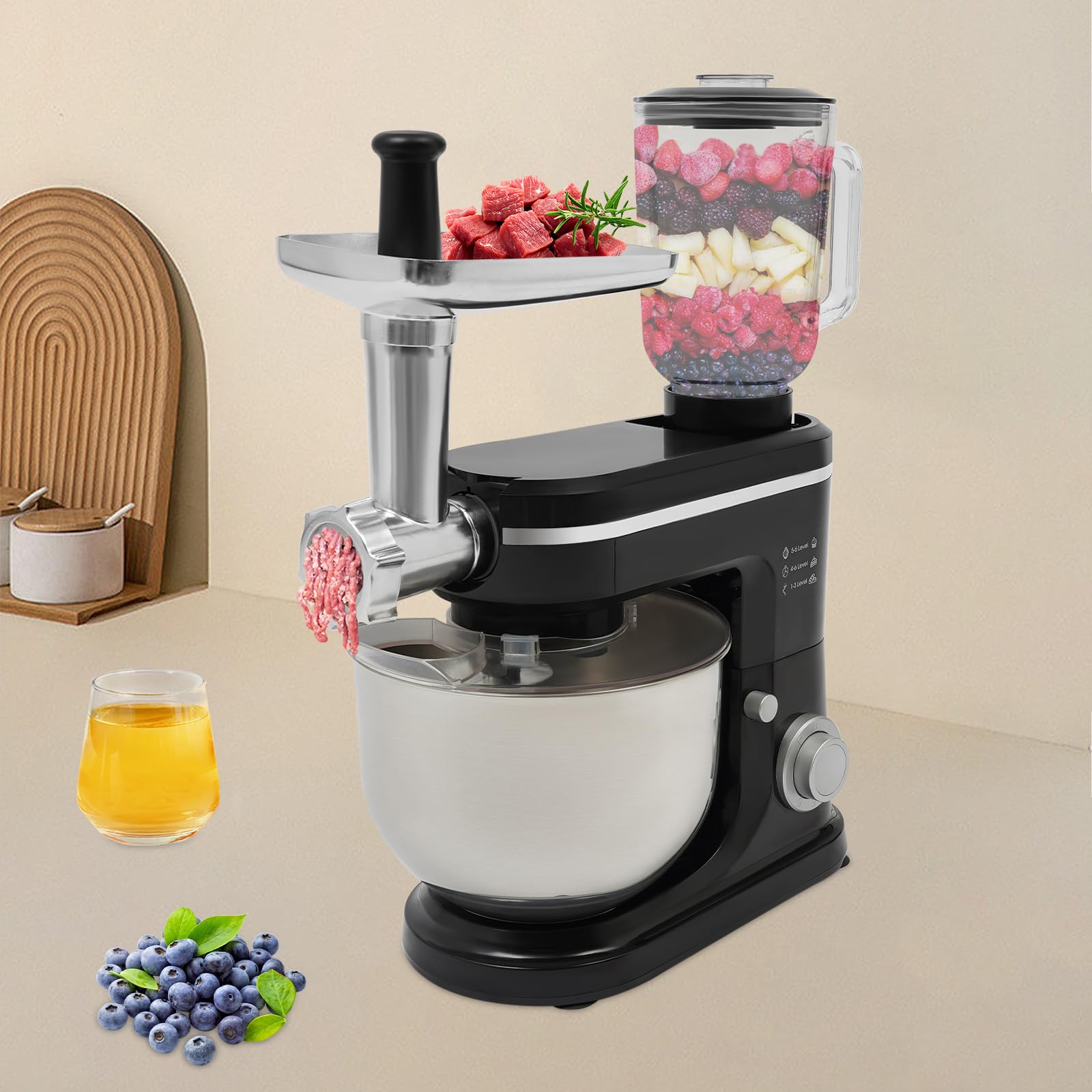 Robot de cocina 3 en 1 universal, 1500 W, multifuncional, amasadora con cuenco de acero inoxidable de 6 L, batidora de 6 niveles, batidora de pie, picadora de carne